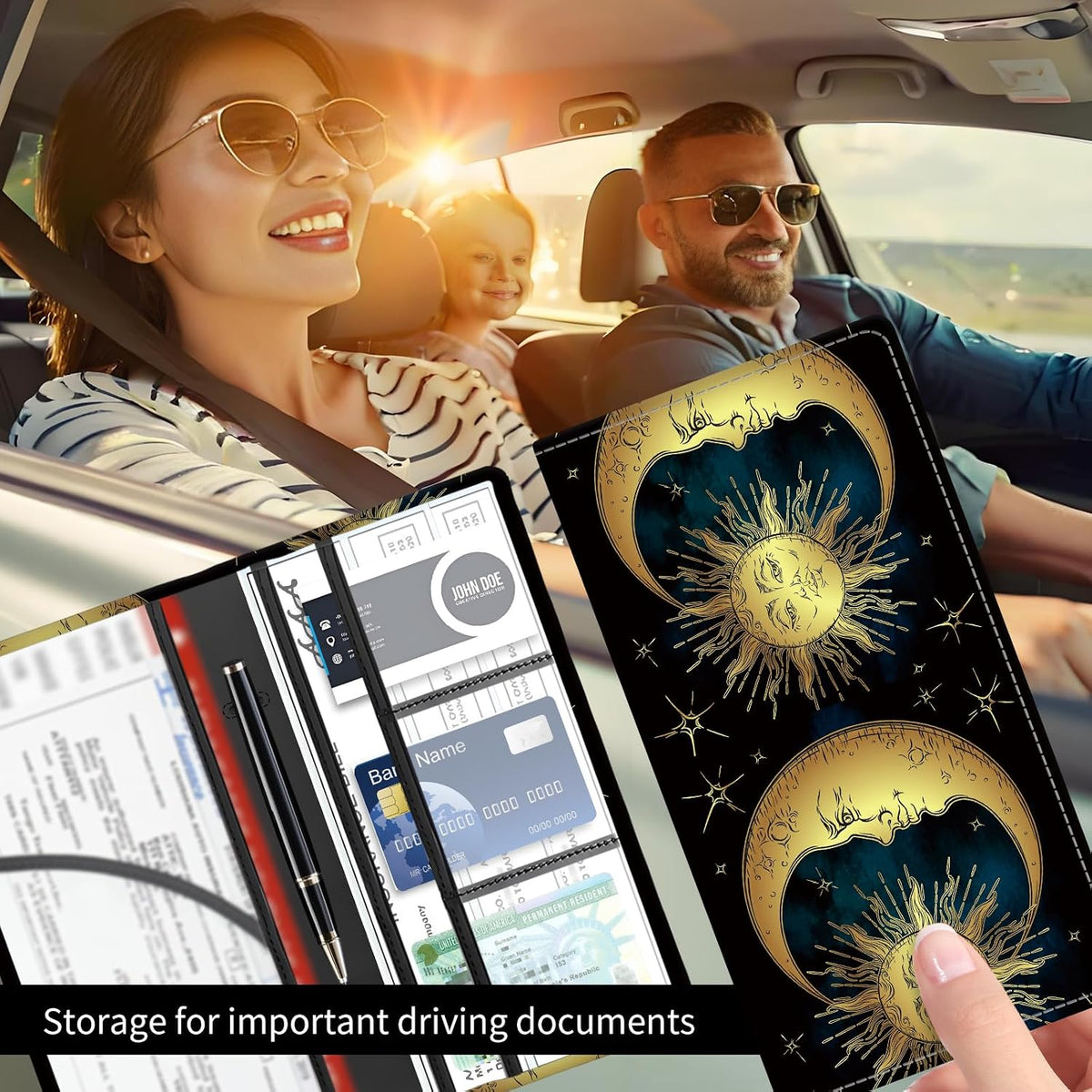 Premium Car Registration and Insurance Card Holder, Cute PU Leather Car Document Holder, Vehicle Glove Box Car Organizer with Magnetic Closure for Driver License, Cards Golden Sun and Moon