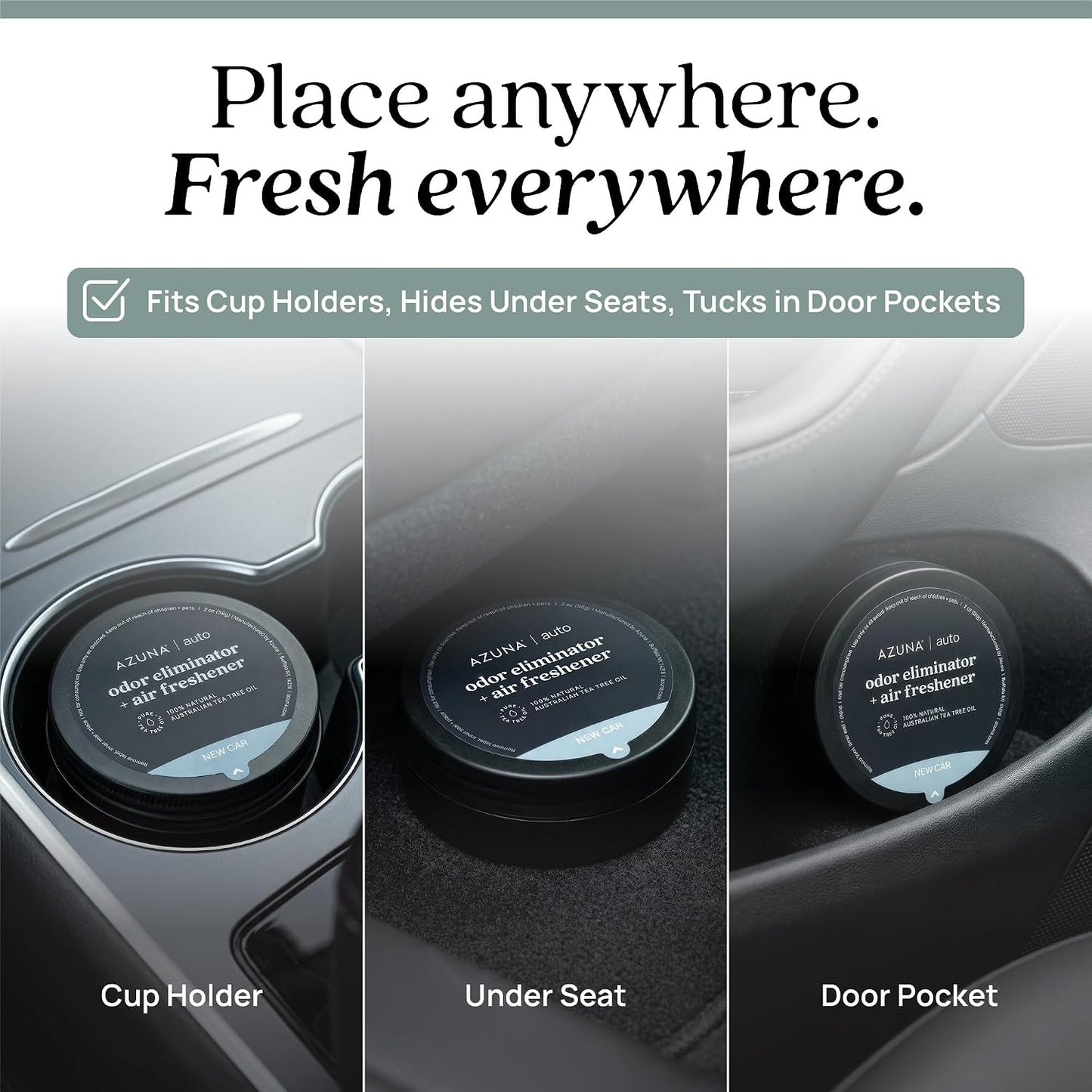 Azuna Car Air Freshener & Auto Odor Eliminator Pods Trio | New Car Scent | Plant Powered by 100% Australian Tea Tree Oil | Long Lasting and No harsh chemicals | Made in USA | 3 Pack of 2oz Pods