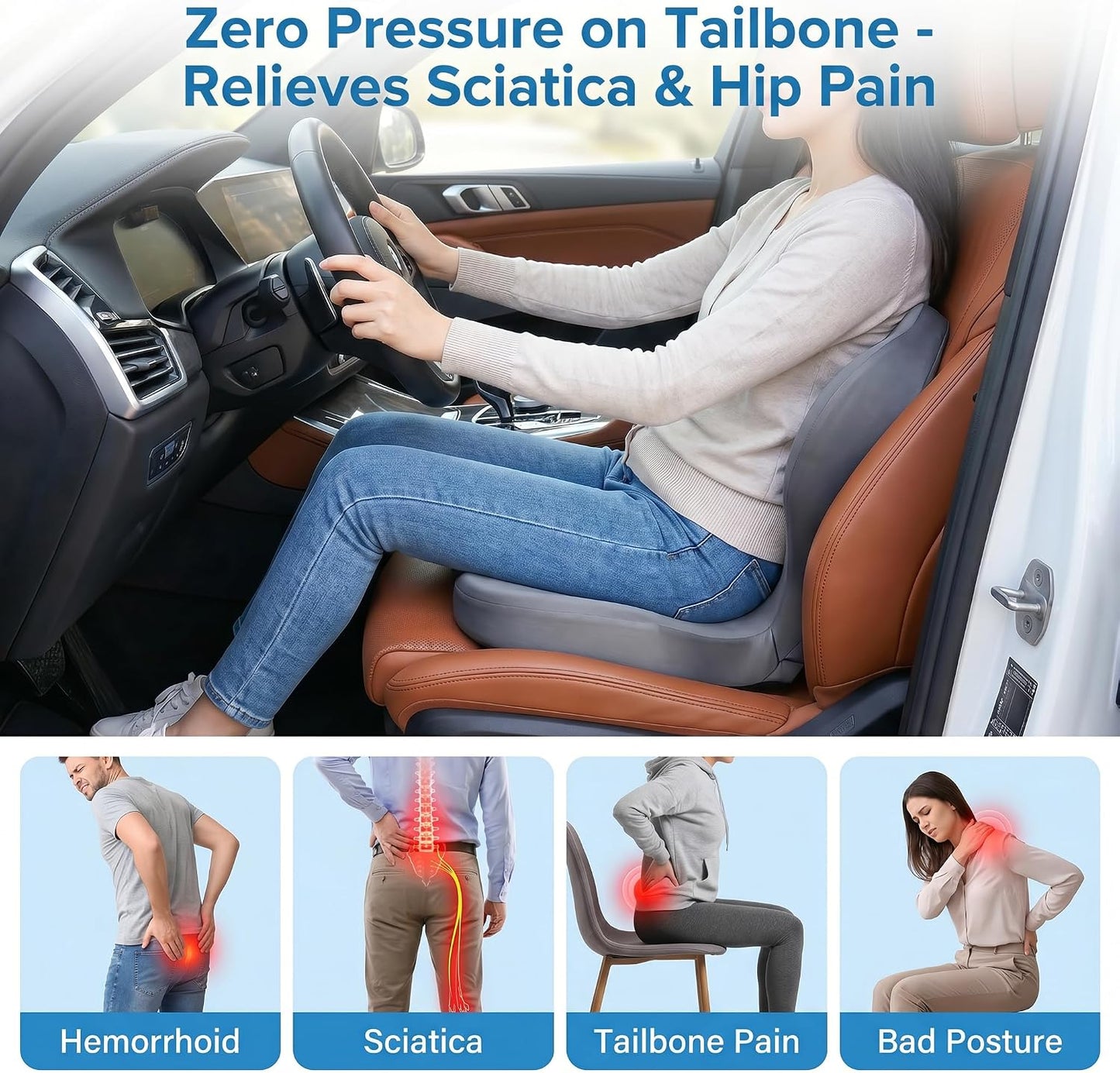 Driver Seat Cushion for Car, Ergonomic Memory Foam Car Seat Pad with Taller Lumbar Support, Back & Sciatica Pain Relief Car Cushion for Long Driving, Tailbone & Coccyx Support