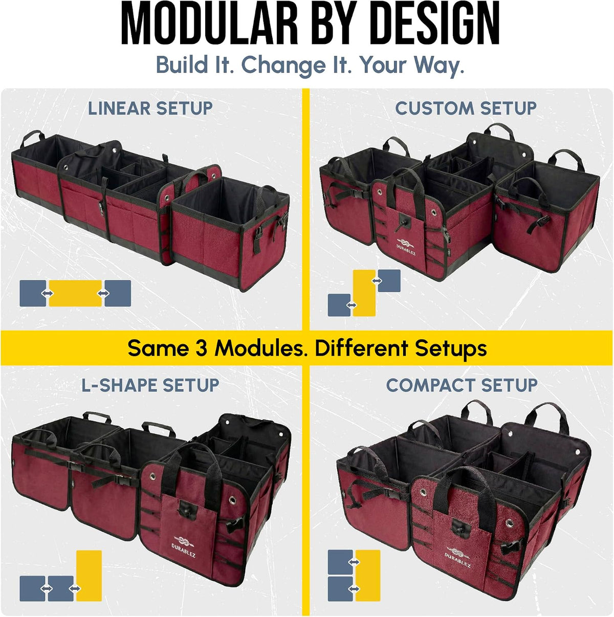 4-Section Trunk Organizer for SUV, Truck, Van, Sedan – Modular Extra Large Cargo Bin, Detachable Car Trunk Storage with Dividers, Collapsible Auto Organization System – Cherry