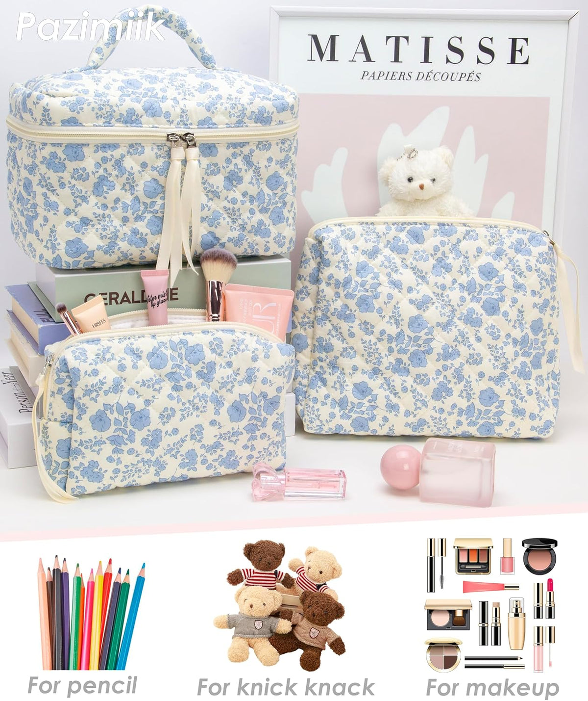 3 Piece Quilted Makeup Bag Set for Women,Cosmetic&Toiletry Bag,Flower Blue