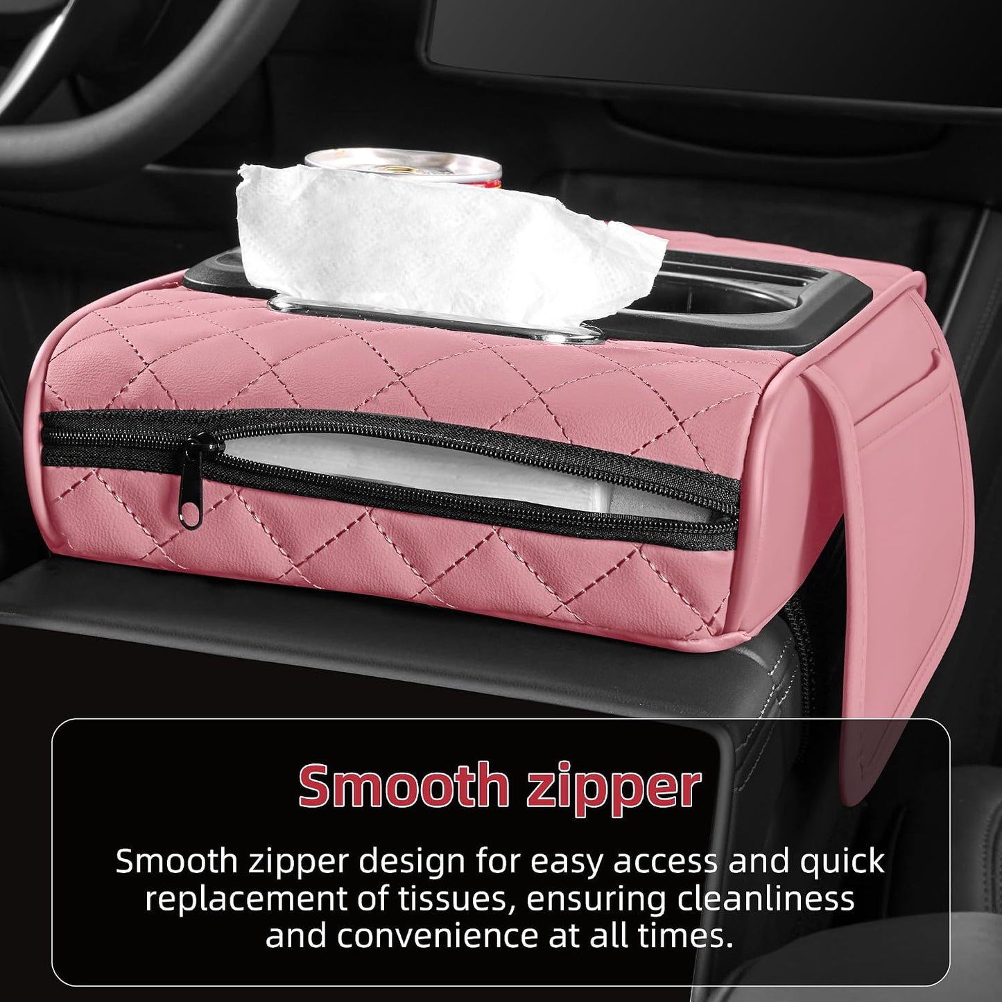 5 in 1 Nappa Leather Console Armrest Cover, Pink | Built-in cup holder, tissue slot, phone holder & 2 storage pockets, practical car accessories fit SUV sedan truck