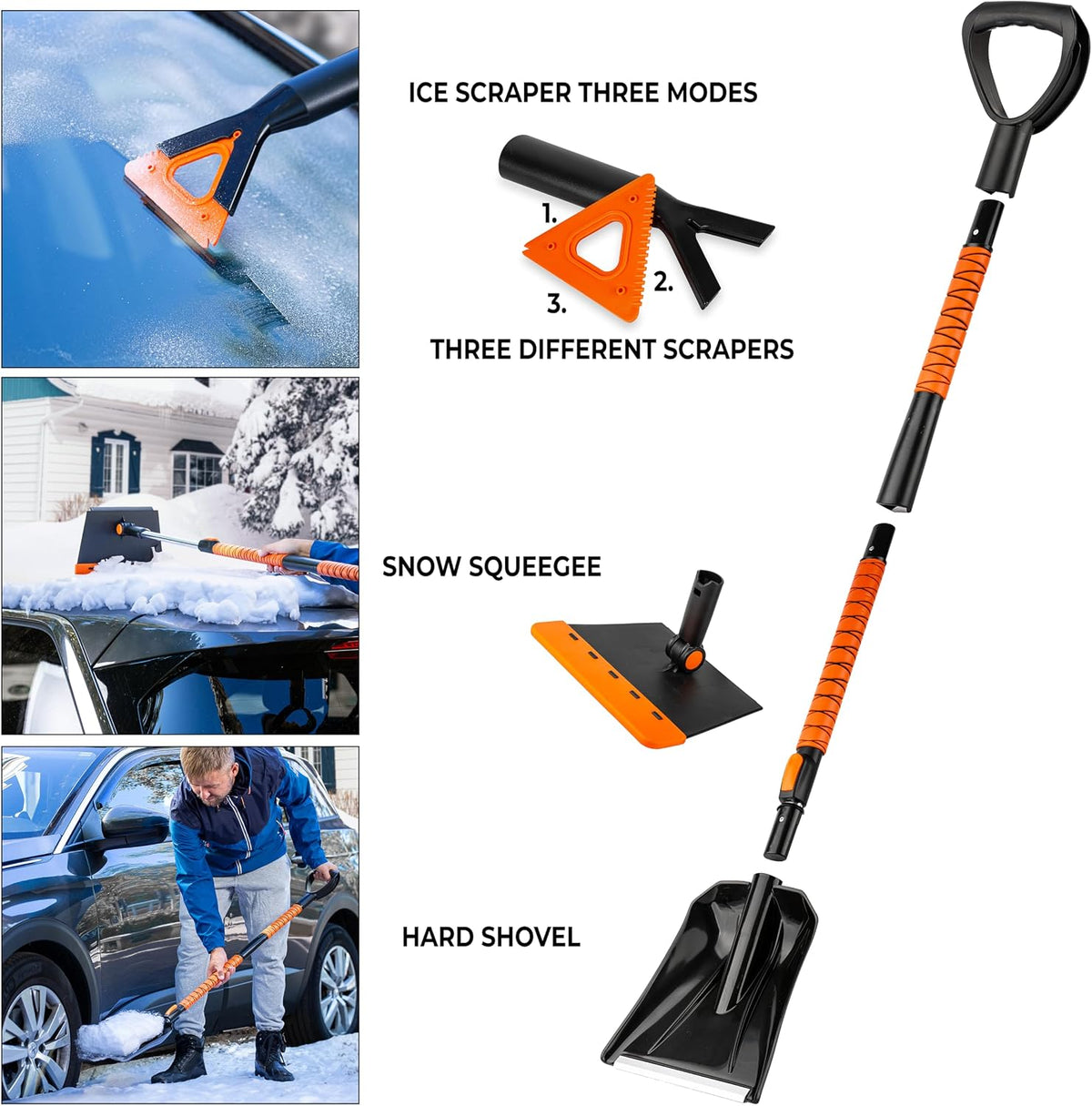 ZONETECH Extendable Snow Squeegee,Ice Scraper and Shovel 42" Lenght- Rotating Head, 3-1 Adjustable Frost Remover,Shoveling Tool with Ergonomic Handle Heavy Duty