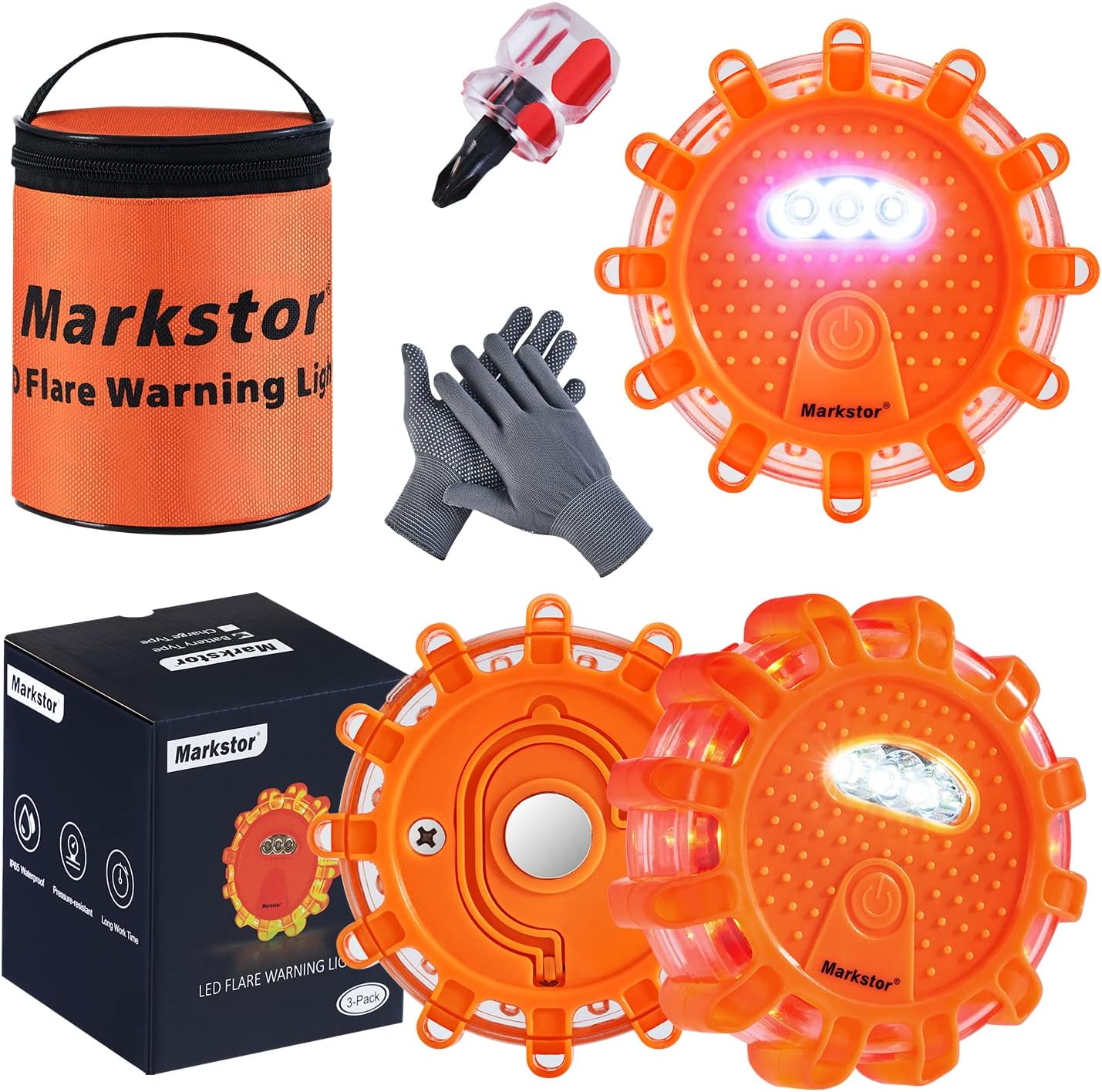 3 Pack LED Road Flare Warning Lights Battery Powered Emergency Road Safety Kit with Gloves