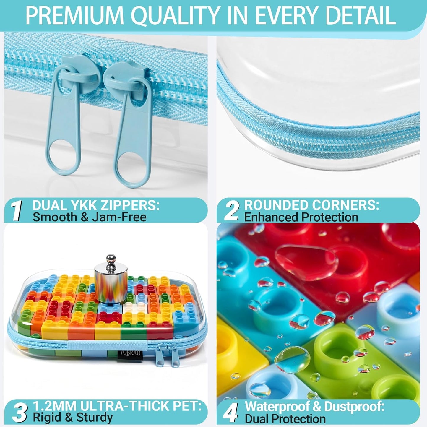 6 Pack Blue Clear Hard Shell Beauty Organizer (2M+4S), 1.2mm Heavy Duty Crush-Proof Cosmetic Case, Reinforced YKK Zippers, Stadium Approved Security Bag for Skincare & Electronics, Multi-Size Set