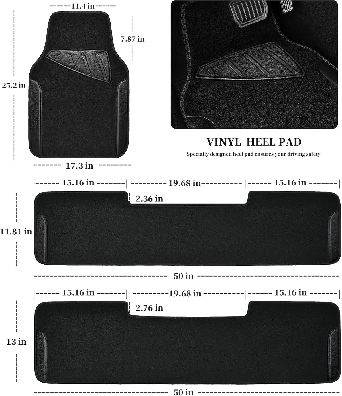 CAR PASS Waterproof Universal Faux Leather 3Row Car Floor Mats, Black Car Mats Fit for SUV,Vans,sedans, Trucks,Set of Vehicles Car Carpet with Driver Heel Pad and Anti-Slip Nibs Backing (Black 3Row)