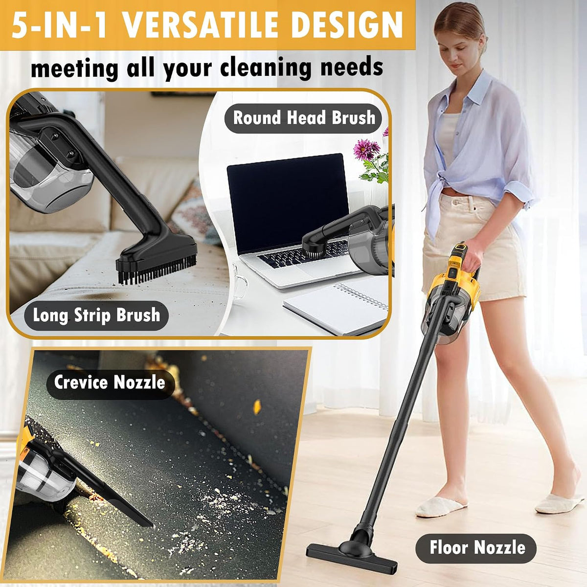 Cordless Vacuum Cleaner for Dewalt 20V Battery, 5 in 1 Handheld Electric Vacuum with Washable HEPA Filter，50CFM 100AW Cordless Vacuum for Floor, Carpet, Car(Battery Not Included)