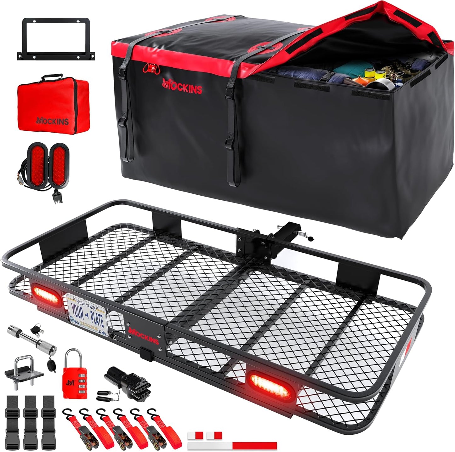 Mockins 70"x30"x6" XXL Folding Trailer Hitch Cargo Carrier w/ 500 Lbs. Cap | Luggage Rack for SUV Car Truck & RV w/ 40 CuFt Waterproof Cargo Bag for Hitch Carrier | Includes Rear Lights & Plate Bracket