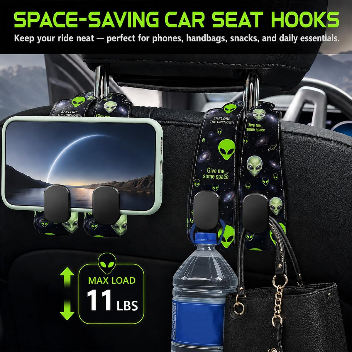 2 Pack Celestial Sun Moon Car Headrest Hooks for Purse Seat Hanger
