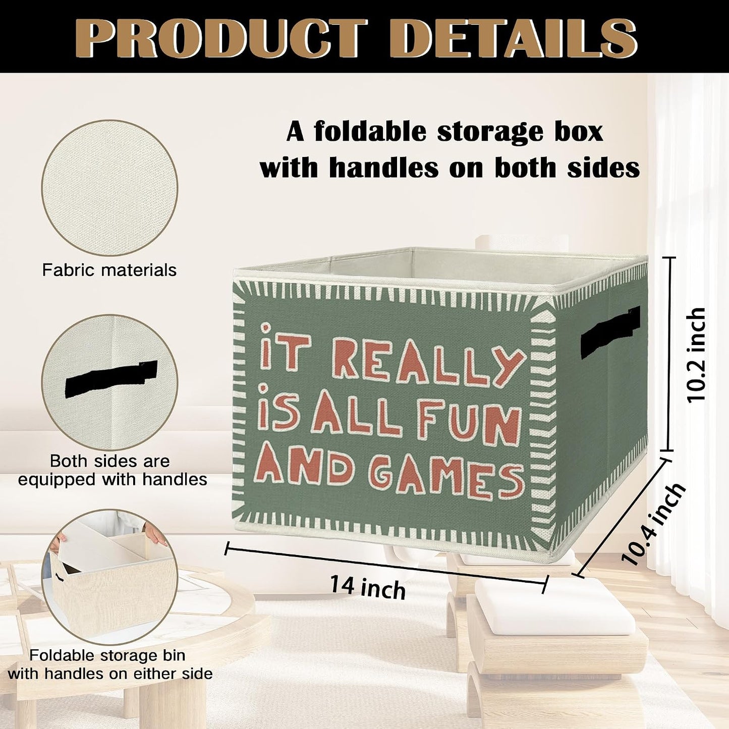 Retro Green Playroom Storage Bins & Boxes with Handles, Kids Foldable Basket for Organizing, It Really Is All Fun and Games Collapsible Storage Basket for Bedroom Bathroom Clothes Toys Books