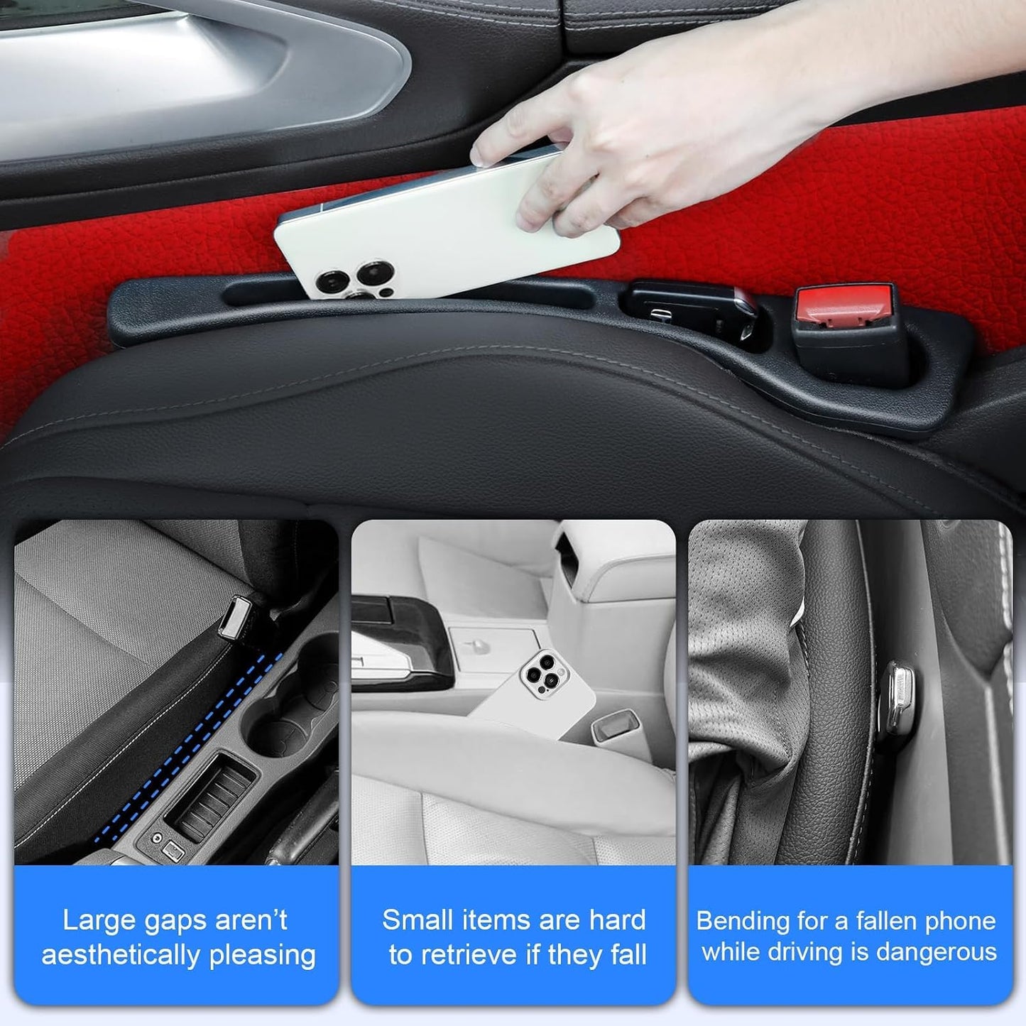Car Seat Gap Filler 2 Pack, Built-in Storage Slot & Seat Belt Pass-Through Design, No-Readjust Gap Blocker Organizer for SUV Truck Sedan, Universal Fit Car Interior Accessories