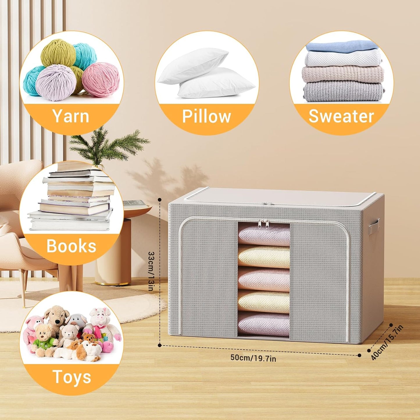 Clothes Storage Bins with Metal Frame Foldable Storage Box Clothes Organizers Storage Containers for Clothes Sheets Blankets Books Toys Gifts and Holiday Decorations (66Lx3 Pack)