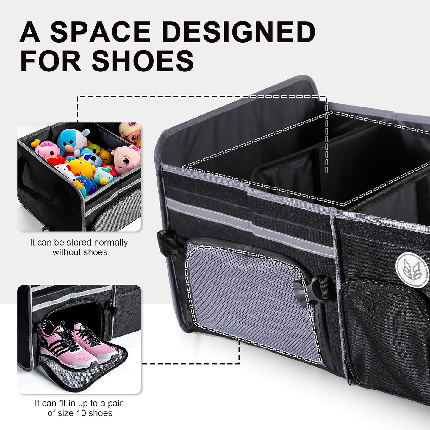 SugarFox Bold Color Block Trunk Organizer, Foldable with 26L Ice Pack,95L Dedicated Shoe Space, Stylish for SUV/Car (Black, Midsize)
