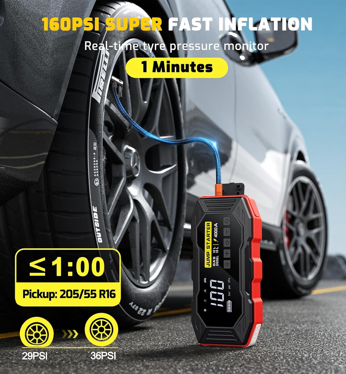 Jump Starter with Air Compressor 4000A Portable Car Battery Jump Starter (All Gas/10L Diesel), 160PSI Auto-Shutoff Tire Inflator Air Compressor, SuperSafe 12V Jump Box Car Battery Jumper Booster