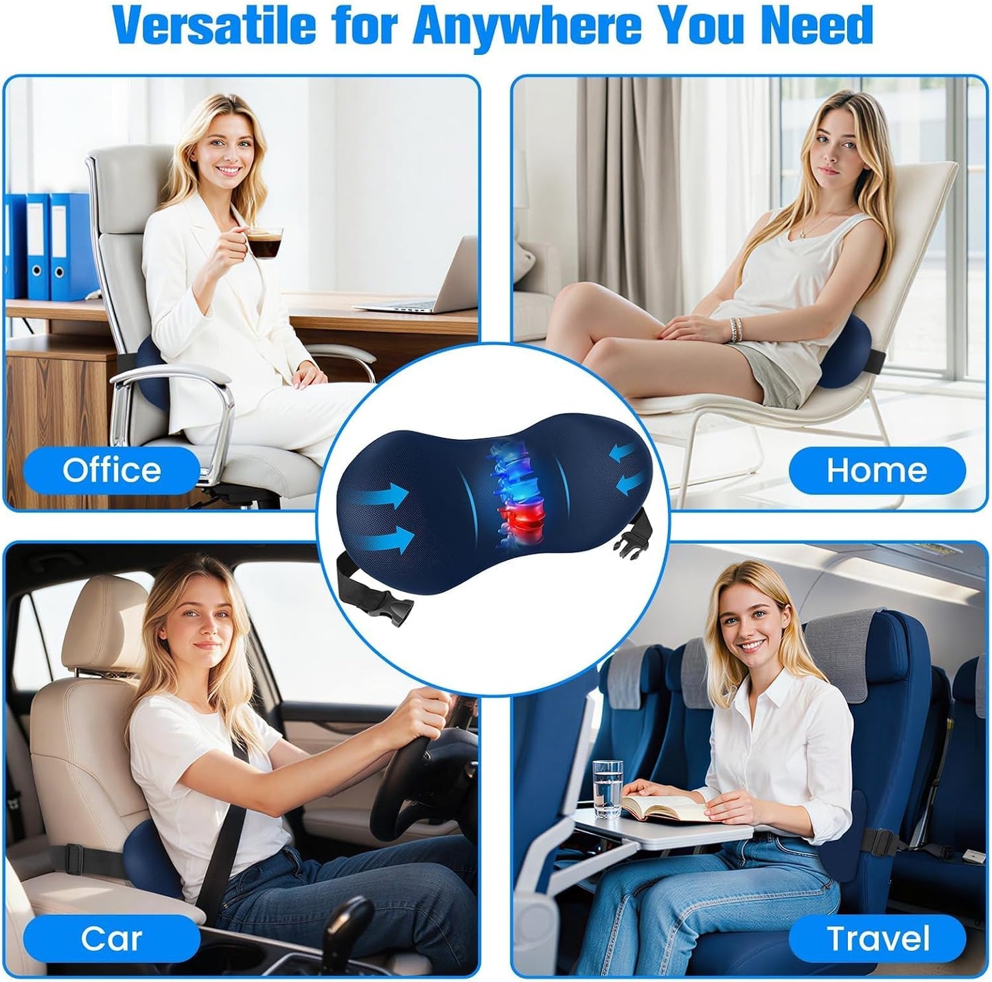 SweetSlubr Lumbar Support Pillow for Office Chair - Memory Foam Lumbar Pillow with Detachable Strap & Breathable Cover, Ergonomic Back Support for Office Chair, Car Seat Cushion, Bed Rest (Blue)