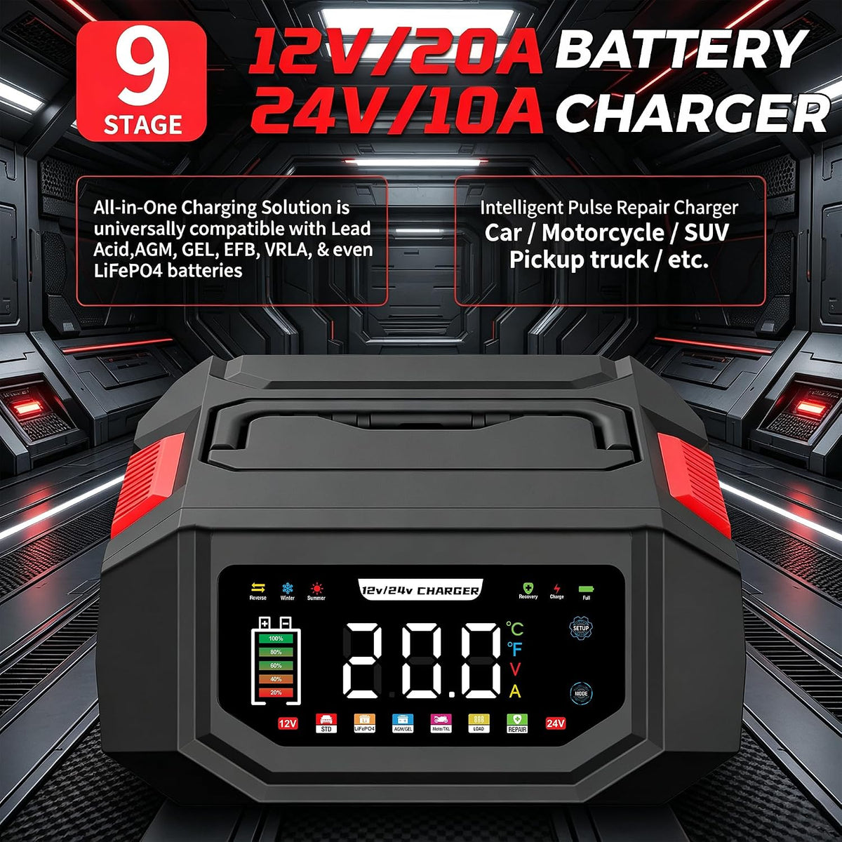 20A Car Battery Charger, 12V/24V Fully Automatic Trickle Charger