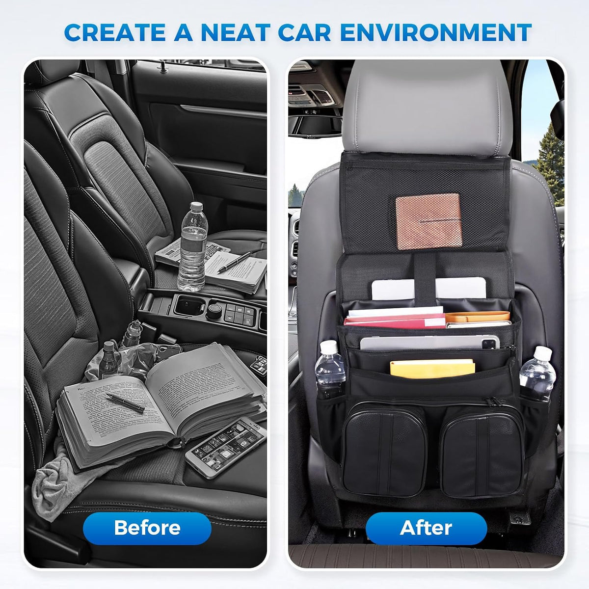 Tsumbay 2-in-1 Car Seat Organizer for Front Seat, Hanging Car Organizer with Laptop Compartment, Tablet Holder & Adjustable Shoulder Strap, Heavy-Duty Oxford Leather Office Organizer for SUV,Truck,Van