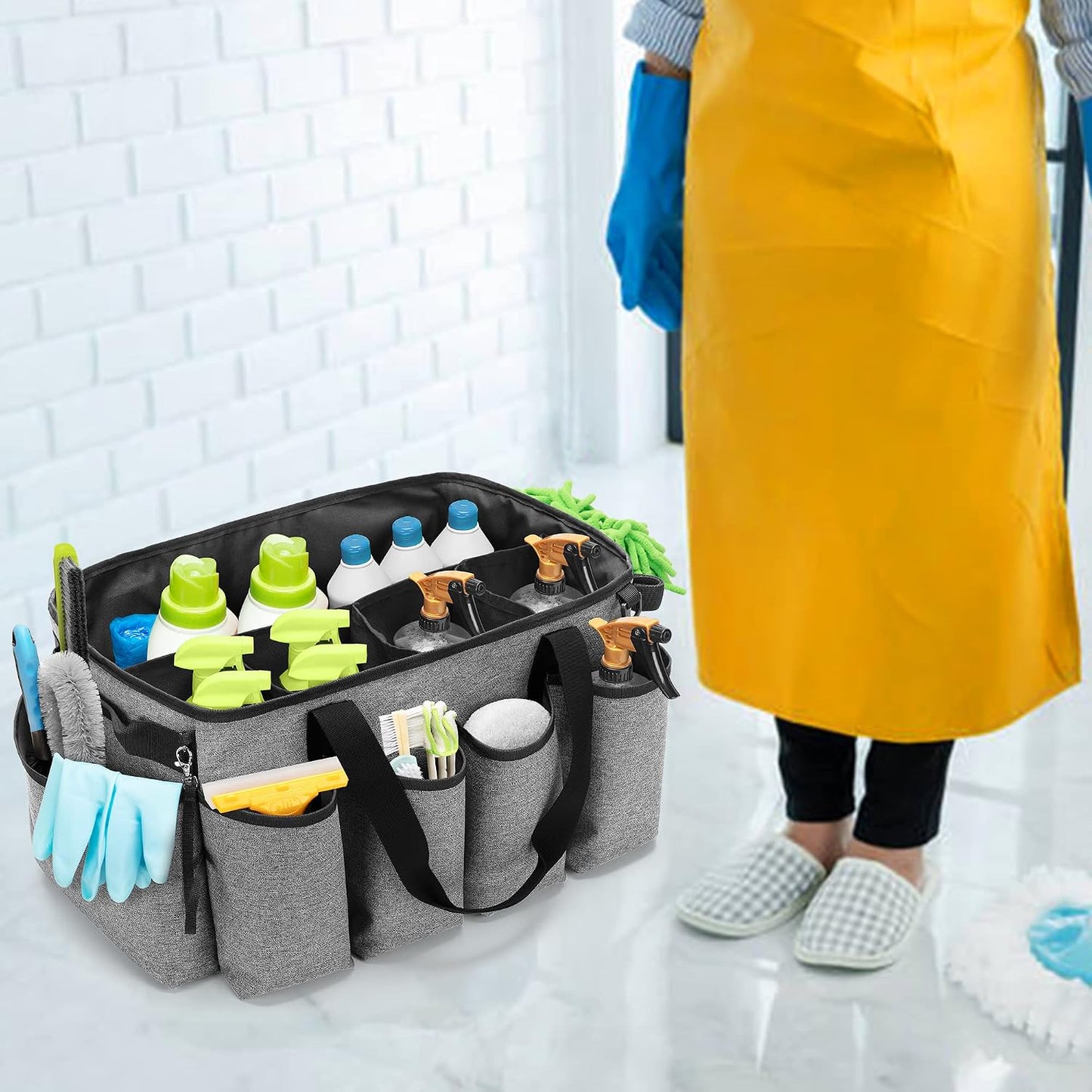 HODRANT Extra-Large Cleaning Caddy with Handles & Multi Pockets | Large Capacity Tote Bag for Cleaning Tools & Products Storage, Cleaner Organizer for Car, Home & Housekeeping Work, Gray