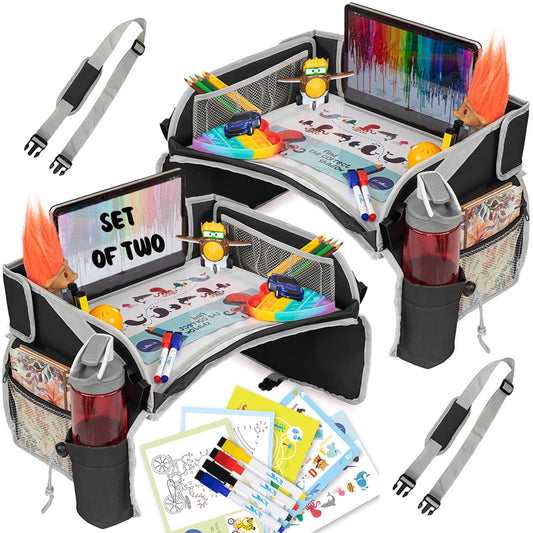 PILLANI Kids Travel Tray for Car - Carseat Tray w/iPad Holder & Dry Erase Board, Road Trip Essentials - Toddler Lap Desk Organizer for Airplane - Roadtrip Activities & Travel Essentials - Pack of 2