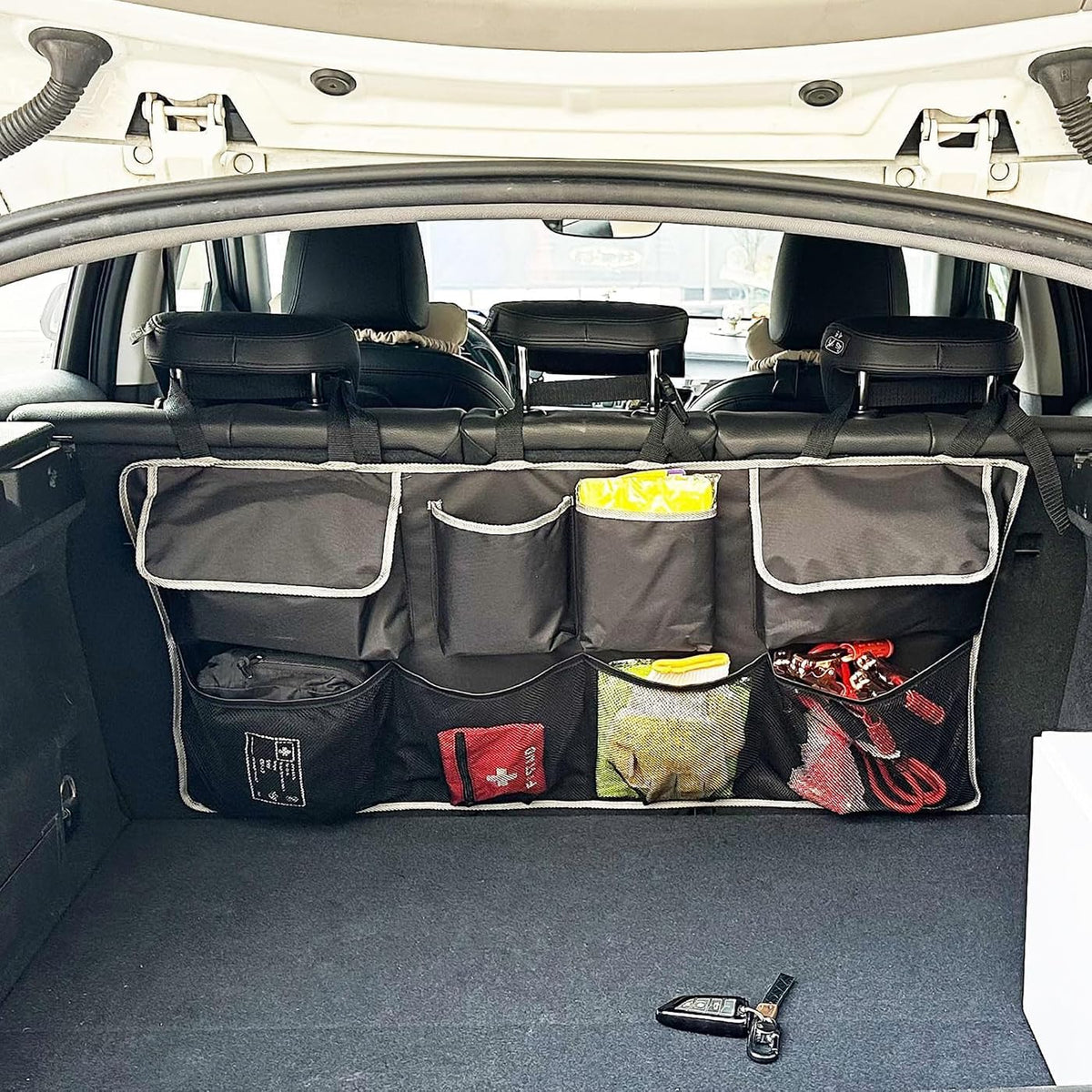 Car Back Seat Trunk Organizer Hanging Bag, Car Interior Organizer Accessories with 4 Pockets and 4 Mesh Pouches,Save More Storage Trunk Space for SUV,Jeep,MPV