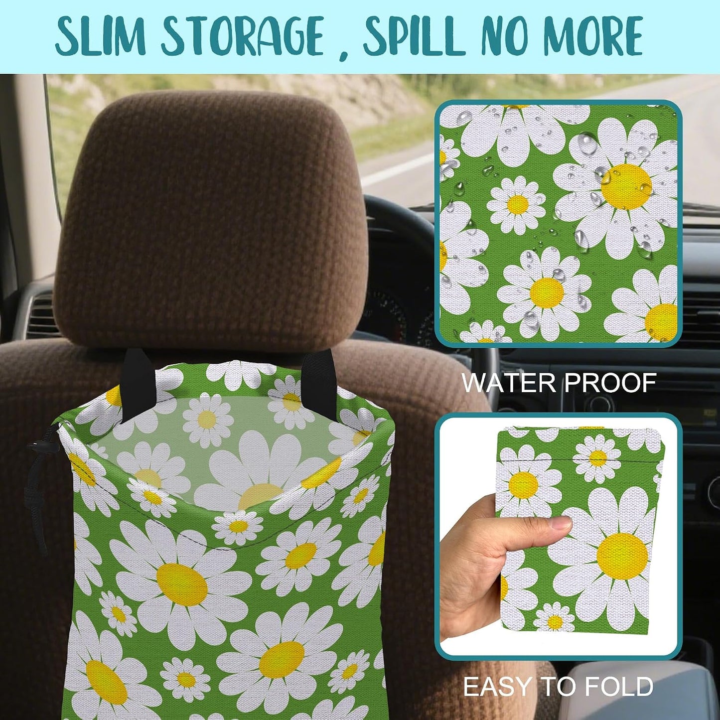 Car Garbage Bag Abstract Daisy Flowers Drawstring Car Trash Bag Hanging for Back Seat with Adjustable Buckle Canvas Vehicle Trash Can Easy-to-Install