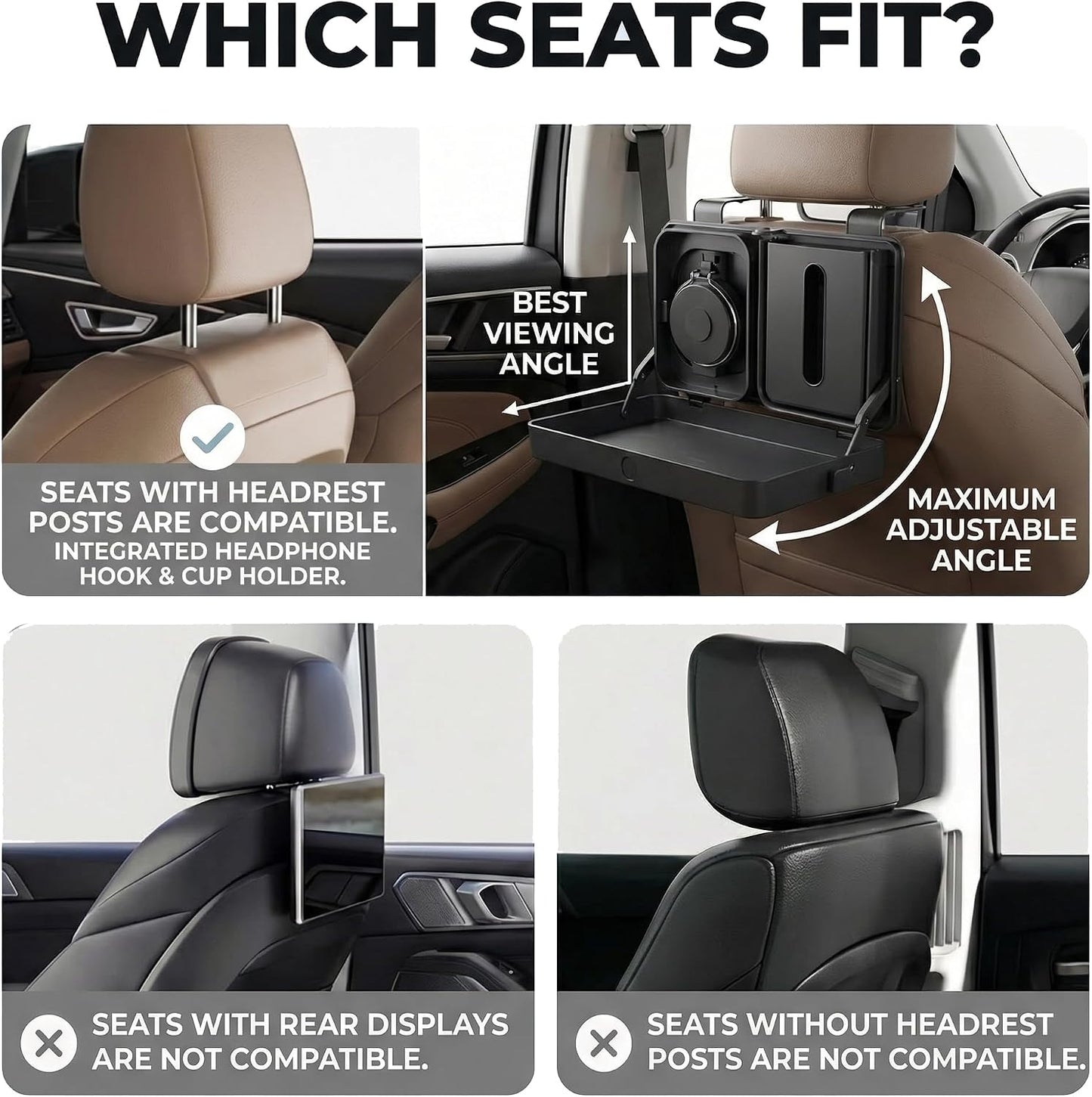 Car Back Seat Tray Table - Foldable & Adjustable Travel Desk for Eating, Working, Gaming | Sturdy Plastic Snack Lap Tray for Adults | Fits SUV, Sedan, Minivan (Folding Storage Box)