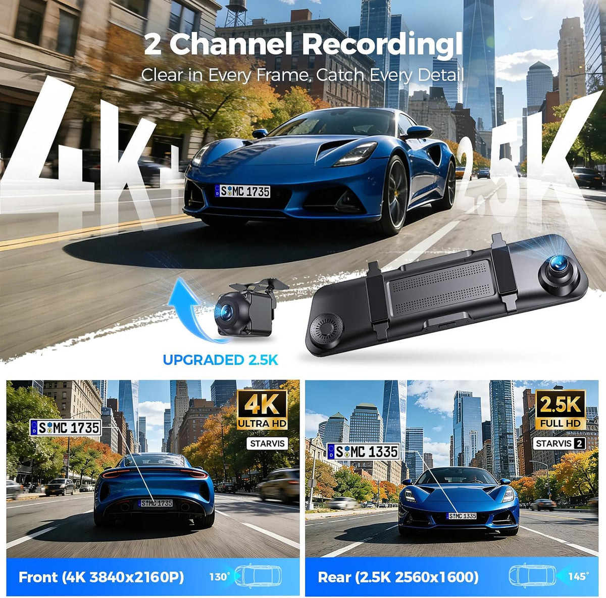 Mirror Dash Cam, 12 Touch Screen, 4K Front + 2.5K Rear Camera