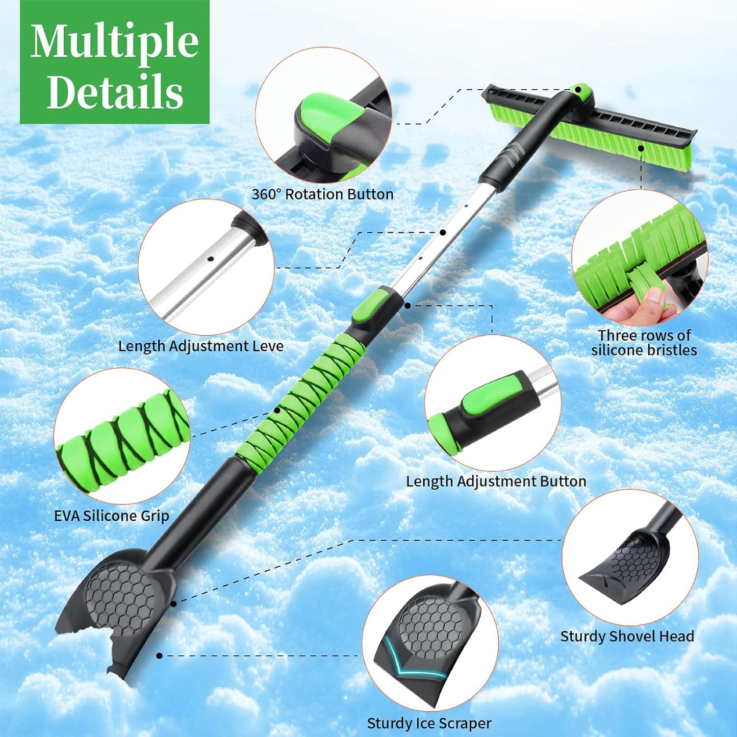 45.6" Ice Scraper and Snow Brush for Car Windshield [Silicone Bristles] ,3-in-1 Extendable Emergency Snow Shovel with Ergonomic Foam Grip and 360° Pivoting Brush Head for Christmas, Car Auto Truck SUV
