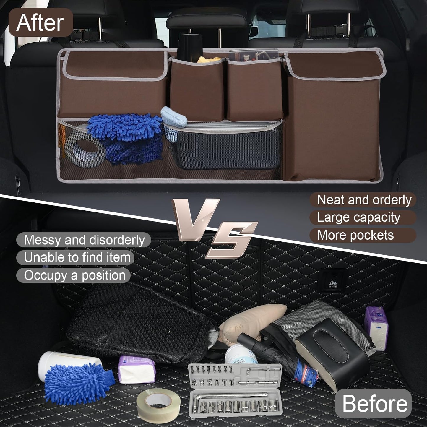UYYE Trunk Hanging Organizer, Backseat Storage Bag, Collapsible Car Interior Accessories with 4 Pockets & 2 Mesh Pouches for Tools, Provide More Storage Trunk Space for SUV, Jeep, MPVs (Brown)