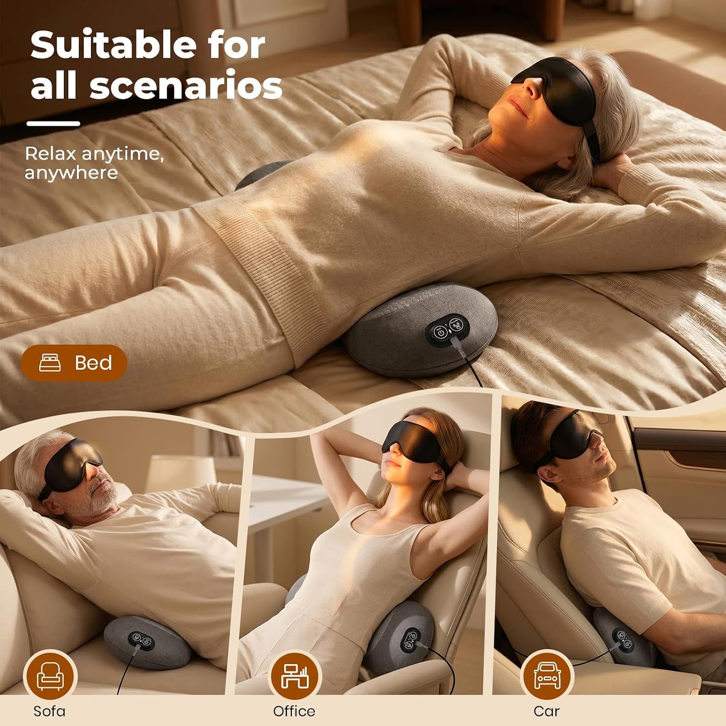 2026 Upgraded 3-in-1 Lumbar Support Pillow with Heat, Vibration & Stretching, Ergonomic Electric Lumbar Pillow with 3D Eye Mask, Portable Lower Back Support Cushion for Home, Office, Car & Travel