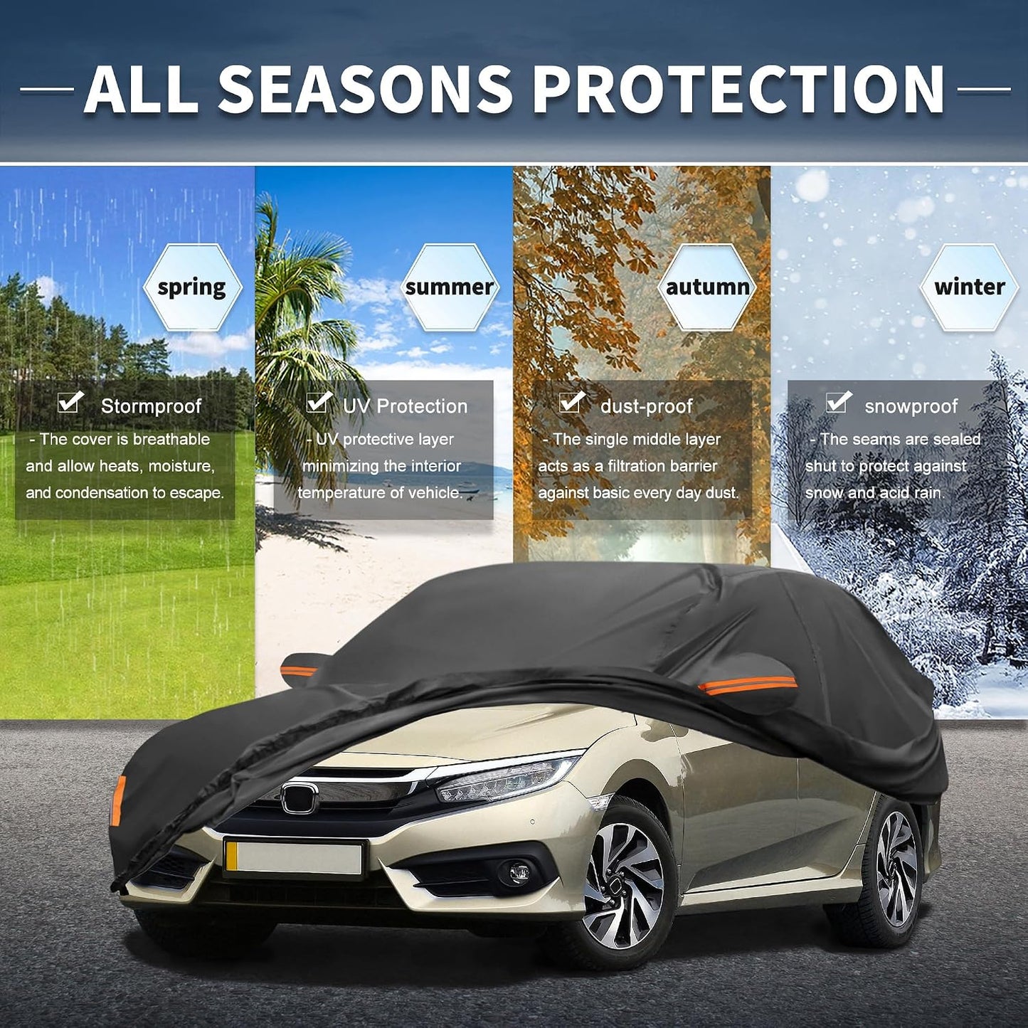 X AUTOHAUX Car Cover for Honda Civic Sedan/Coupe 210D-PU Outdoor Full Car Cover All Weather with Door Zipper for Waterproof Windproof Sun Rain Snow Protection