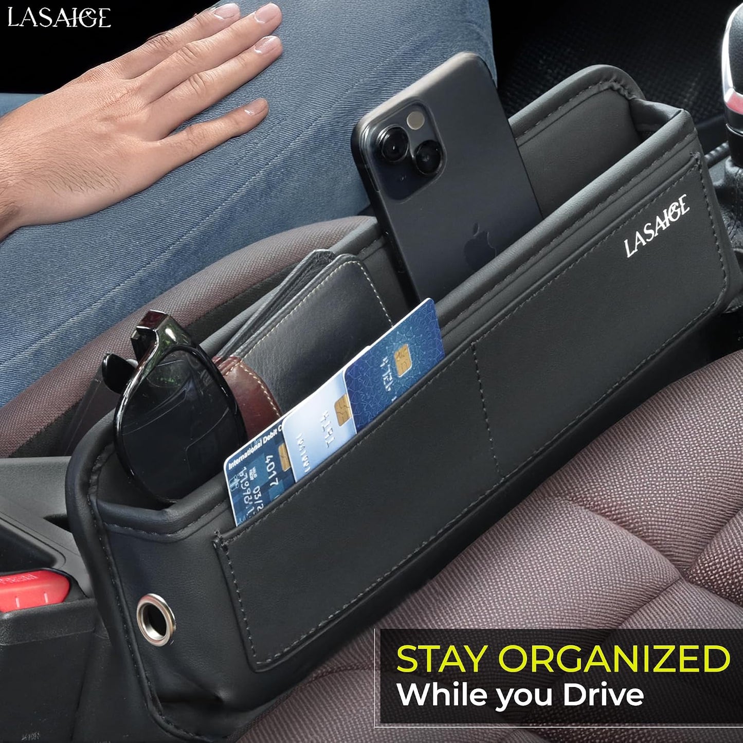 Car Seat Gap Filler Organizer (Black) -Soft PU Leather Car Seat Gap Filler Organizer - Gap Filler For Car w/ Pockets & Large Compartment - Slip-Resistant Between Seat and Center Console