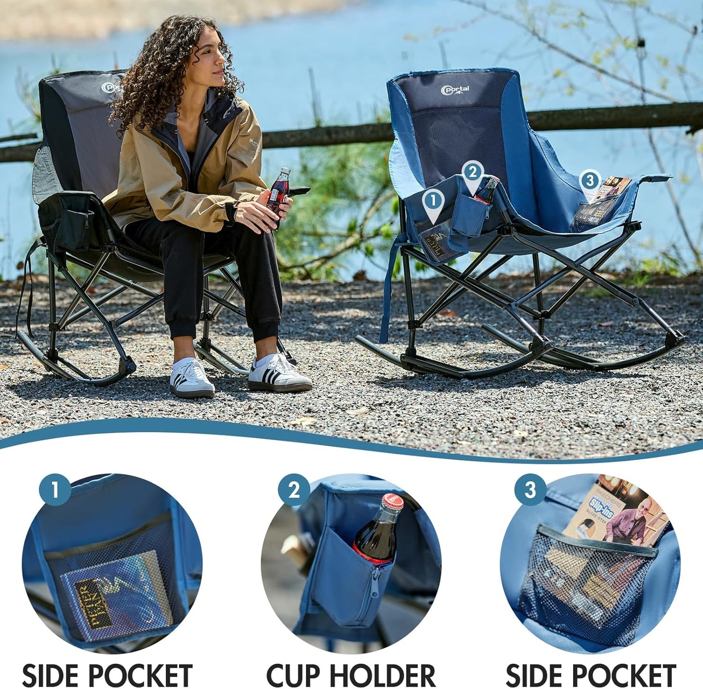 Portal Outdoor Rocking Chair Camping Folding Portable Rocker with Cup Holder Side Pocket Carry Bag, Support 350LBS, Blue