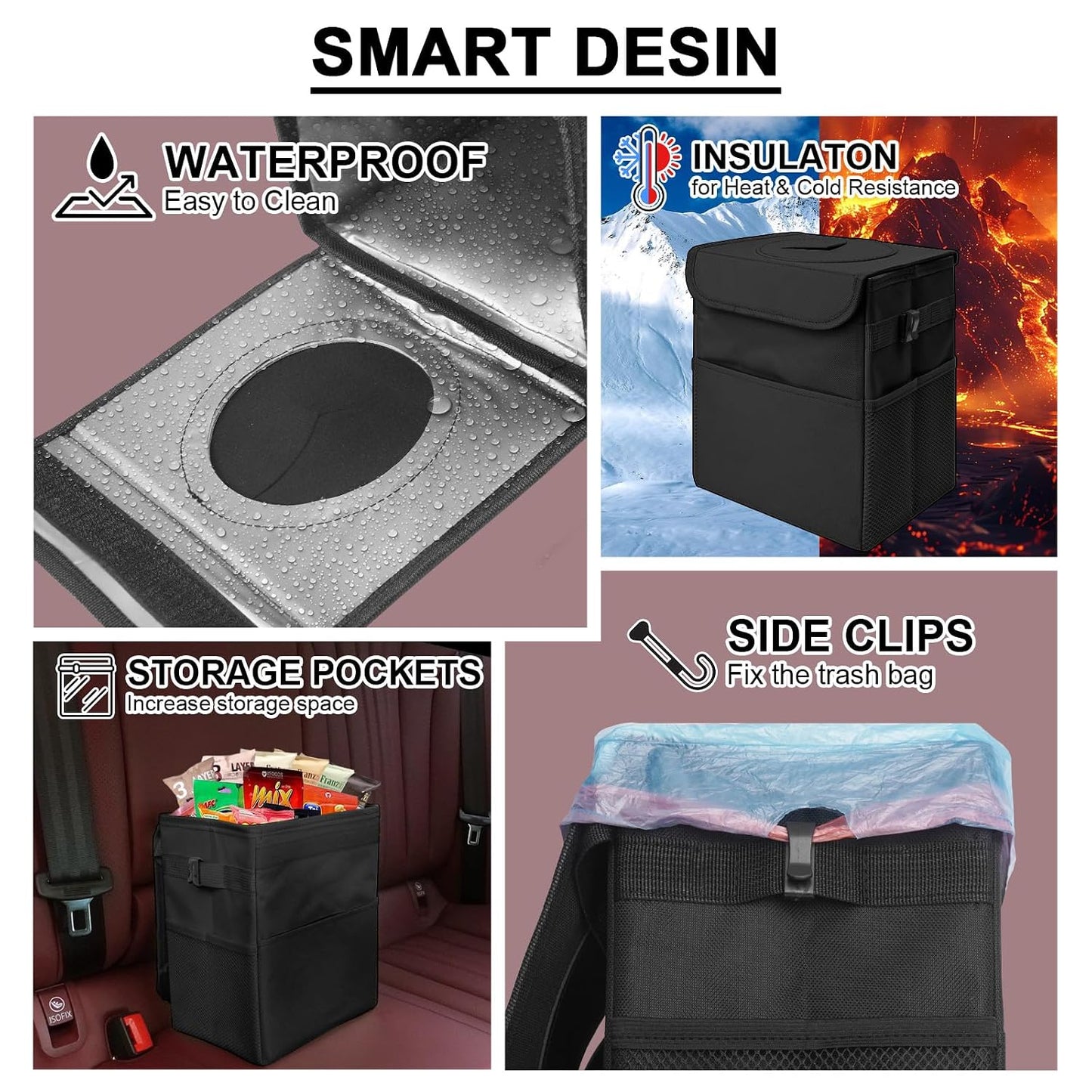 Car Trash Can Bin with Lid - Collapsible Car Garbage Can with Storage Pockets-Black Mini Leakproof Vehicle Trash Bag-Small Automotive Organizers and Storage for Back/Front Seat SUV Truck Accessories