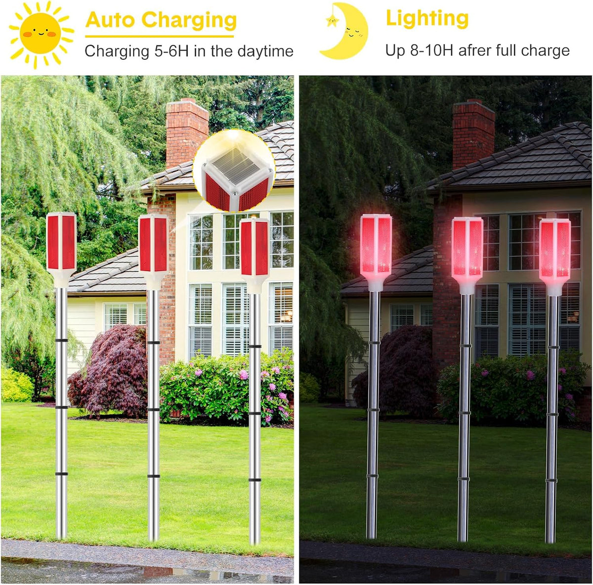 Baquler 10 Pcs Solar Powered Driveway Markers Reflective Driveway Lights Landscape Reflectors with Drill Bit Gloves for Snow Road Outdoor Yard Parking Sidewalk(Red)