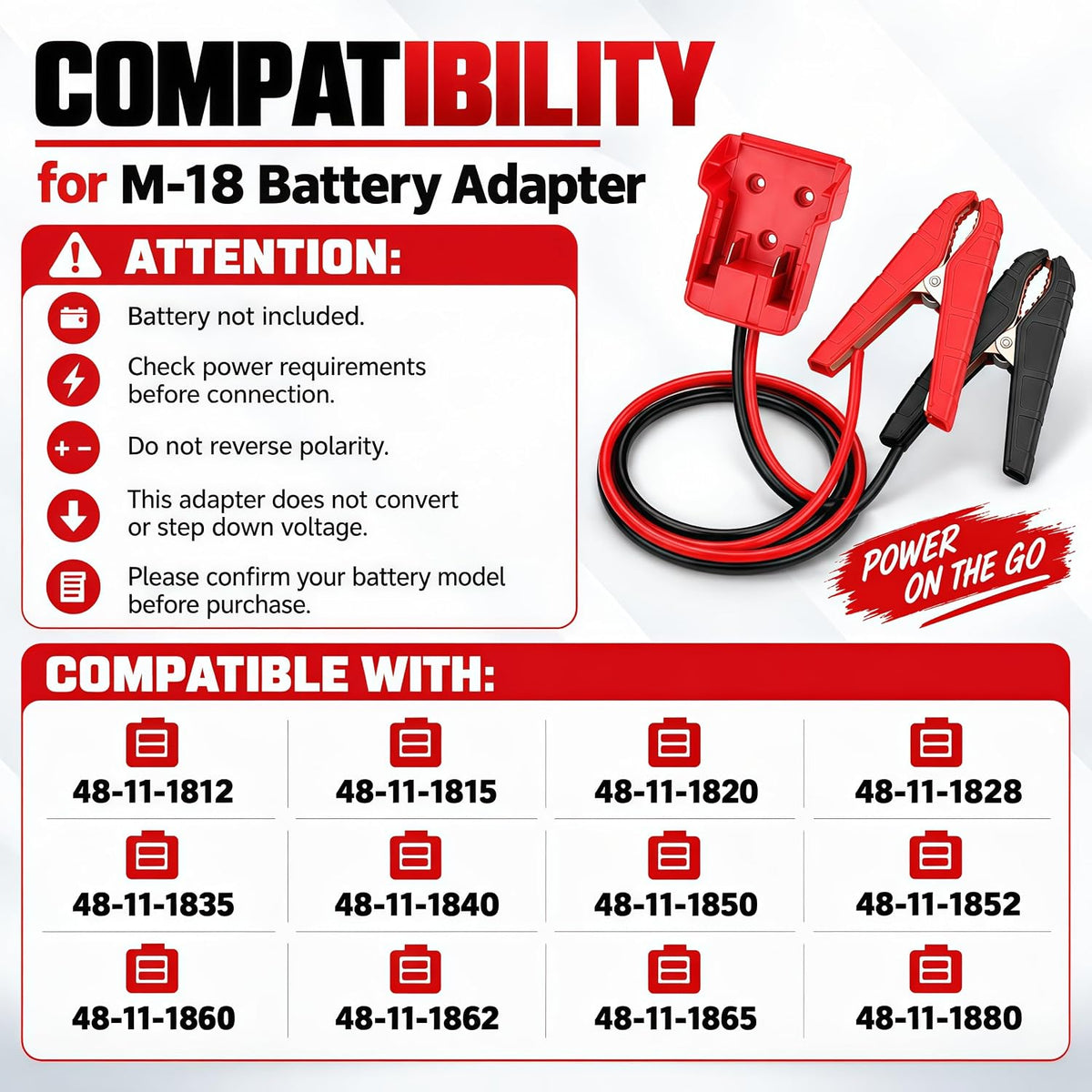 Jumper Cables Adapter for Milwauk*ee 18V Battery with Alligator Clips