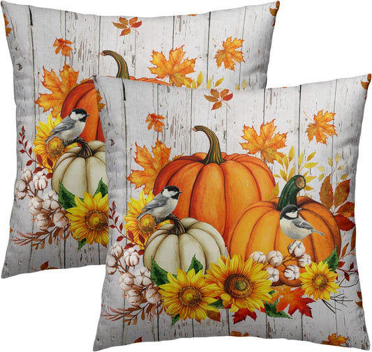 Giwawa Autumn Pumpkin Throw Pillow Covers 16x16 Inch Sunflower Wood Cotton Cushion Cases Set of 2 Seasonal Accent Pillowcase for Sofa Couch Patio