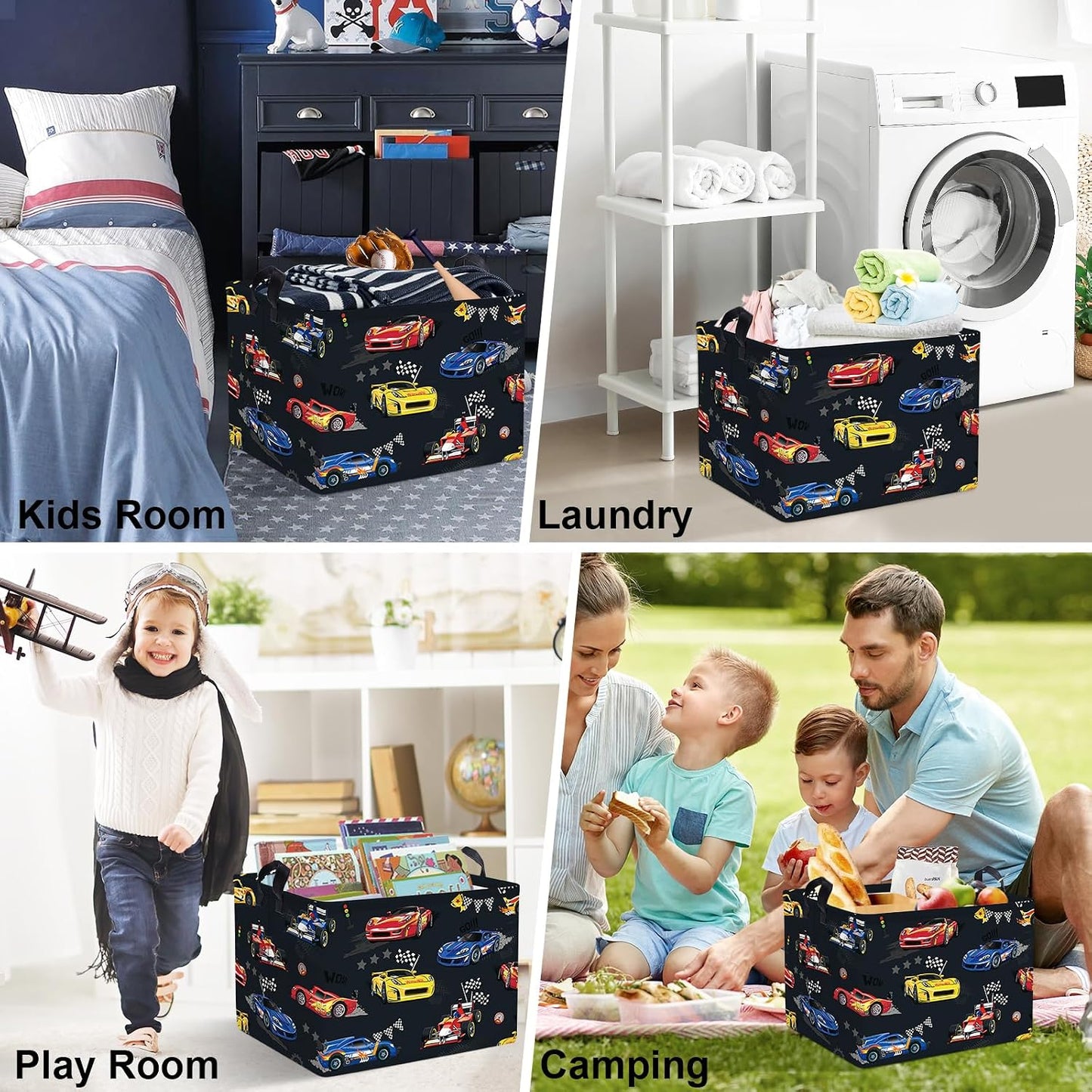 Clastyle Competitive Race Car Kids Book Storage Basket Checkered Flag Clothes Laundry Basket Parents Gift Toy Box for Bedroom Shower, Grey, 40x30x30 cm