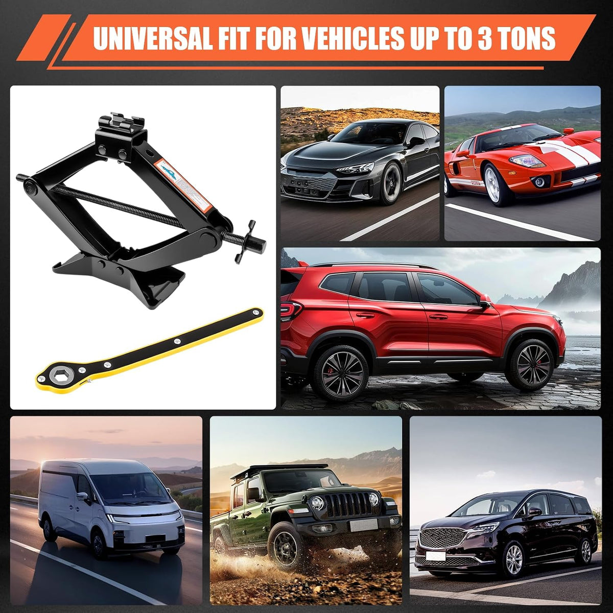 3 Ton (6610 Lbs) Car Jack, Universal Heavy Duty Scissor Jack, Professional Spare Tire Changing Kit with Lug Wrench, Portable Car Emergency Lift Jack Kit for Car, SUV, Sedan, Crossover