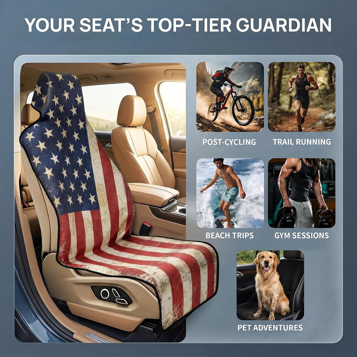 Waterproof Stain Resistant Towel Car Seat Covers，Universal Non-Slip for Gym Workout, Swimming, Beach and Workout Outdoor, Machine Washable(American Flag, 1 Pack)