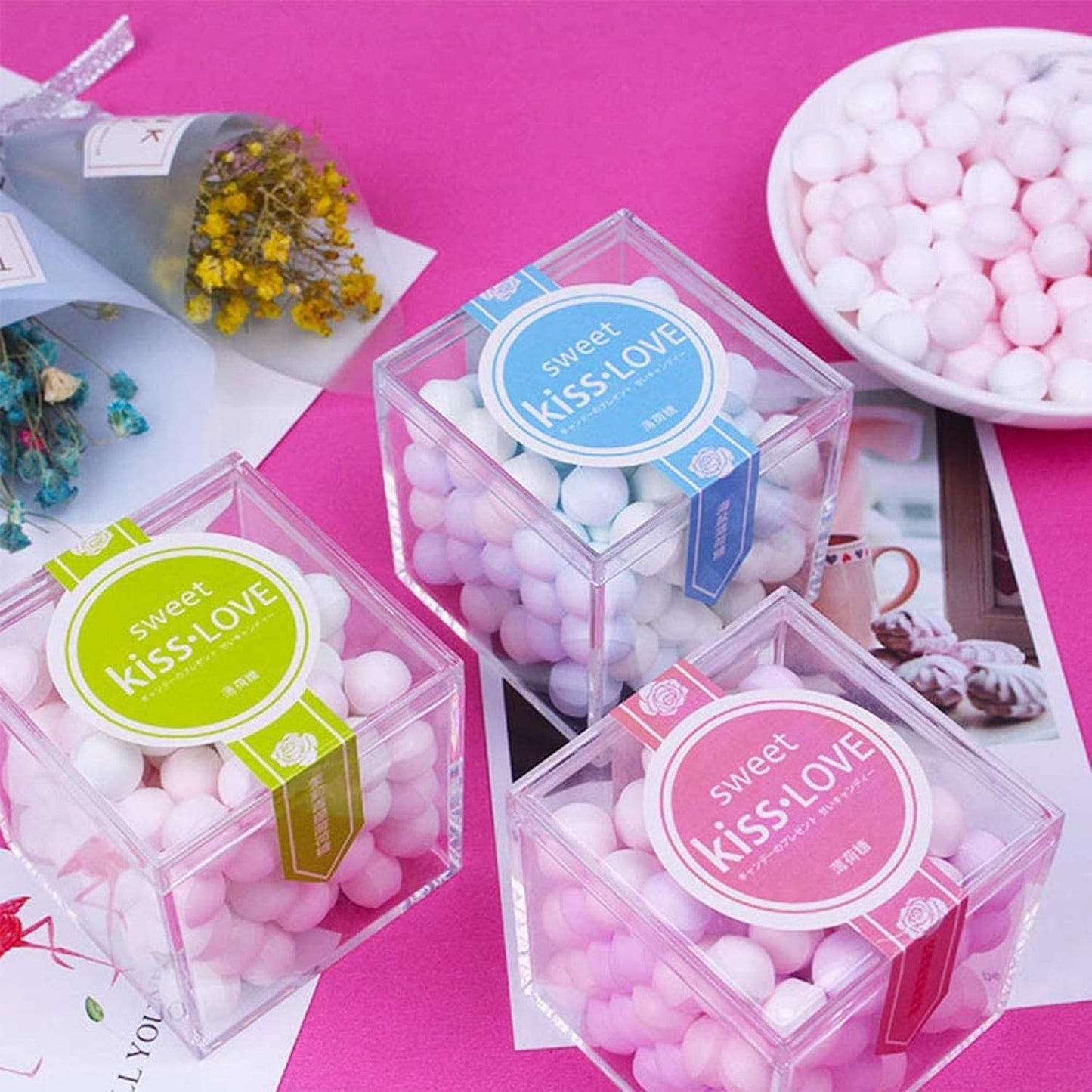 KissYou Acrylic Display Box with Lid 2 Pieces Clear Square Cube Jewelry Storage Contanier Wedding Candy Boxes