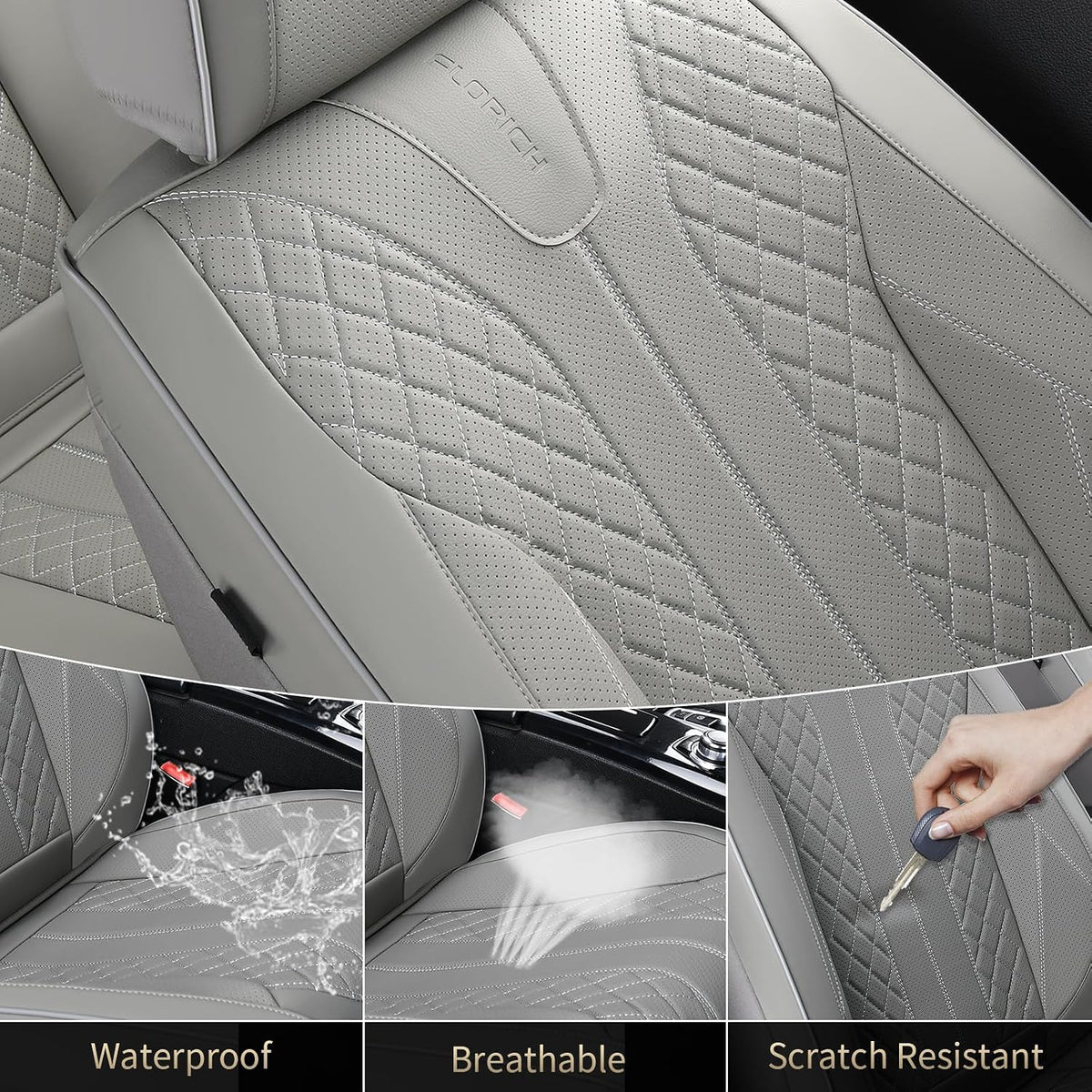 FLORICH Seat Covers, Car Seat Covers Front Seats Faux Leather Automotive Seat Covers Luxury Waterproof Car Seat Cover Protectors Universal Fit for Most Cars SUV Trucks, Gray