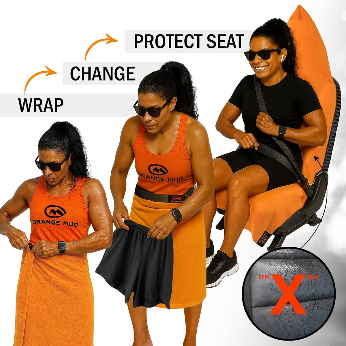 Orange Mud Transition & Seat Wrap V2.0 – Car Seat Cover, Changing Kilt & Multipurpose Towel – Sweat-Proof, Quick-Dry, Secure Wrap for Athletes, Runners, Cyclists – Orange