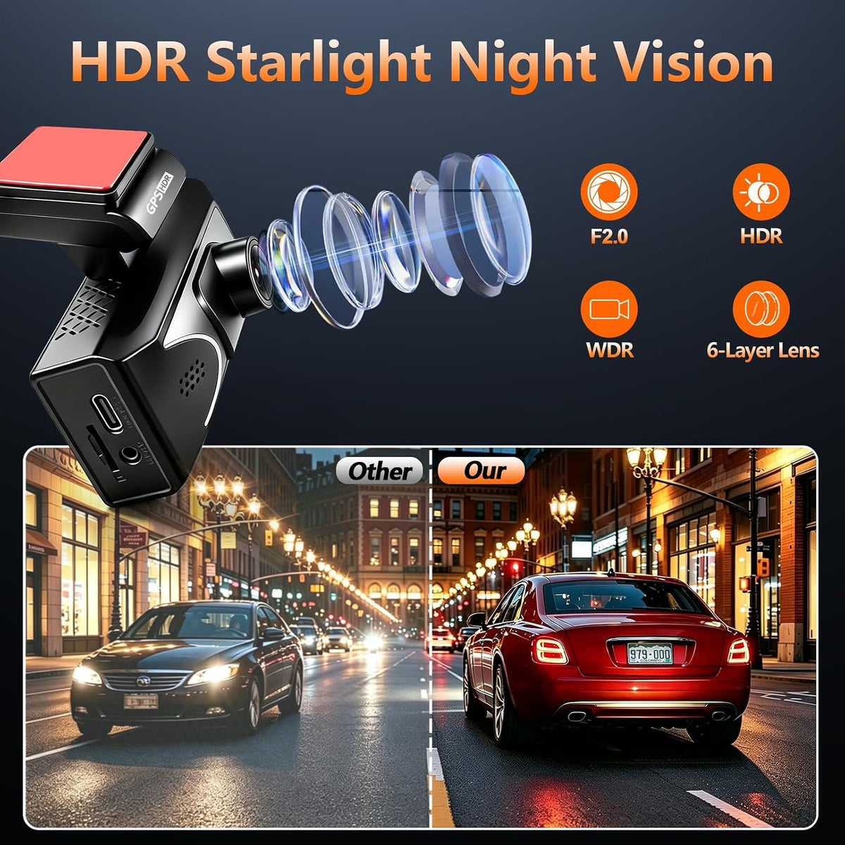 4K Dash Cam Front and Rear, 2.5k Rear,Starlight Night Vision G Sensor ADAS