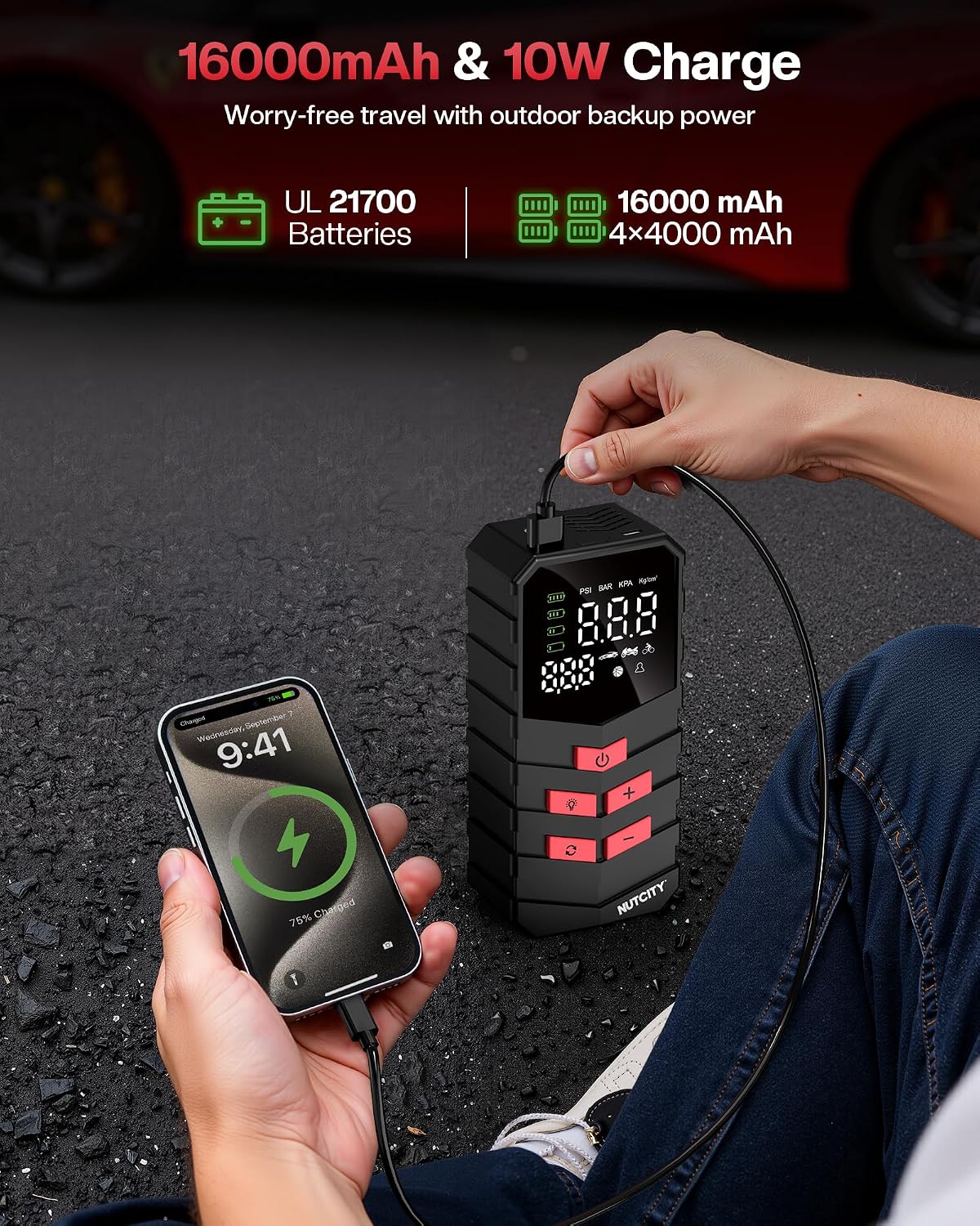 Portable Air Compressor for Car Tires, 16000mAh Wireless, 150PSI Wireless Tire Inflator with Lighting and Mobile Power Function, Suitable for SUVs, Cars, Motorcycles, Bicycles and Balls