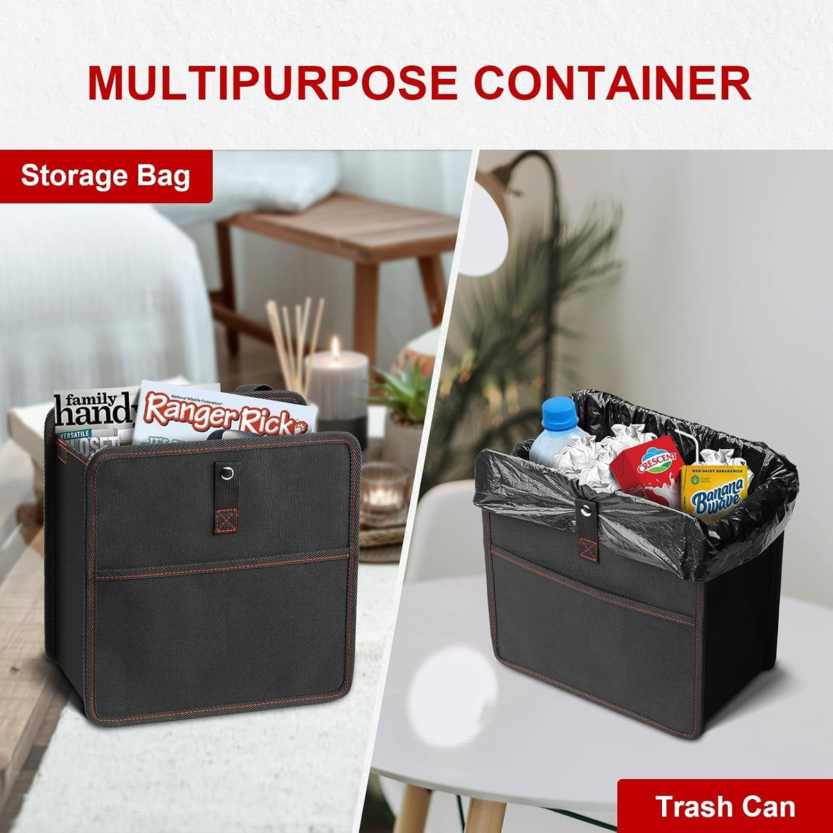 Simple Deluxe 3 Gallon Car Trash Can, Leak-Proof Car Garbage Can with Storage Pockets, Collapsible, Portable and Waterproof, Black