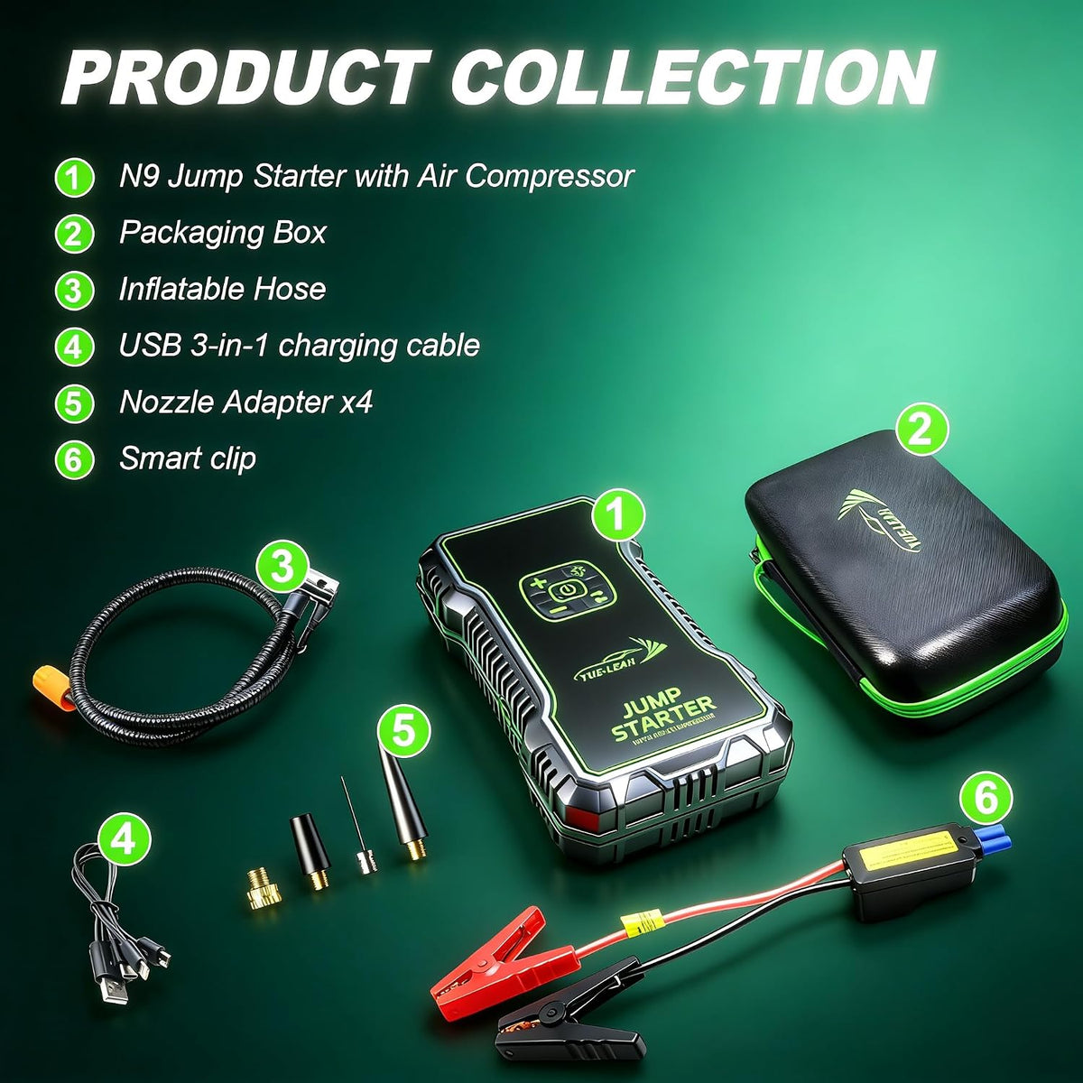 K10A 1000A Jump Starter, Portable Car Battery Jump Starter with Air Compressor, 12V Lithium Battery Booster Pack, Power Bank & Jumper Cables for 6.0L Gas & 3.0L Diesel Engines