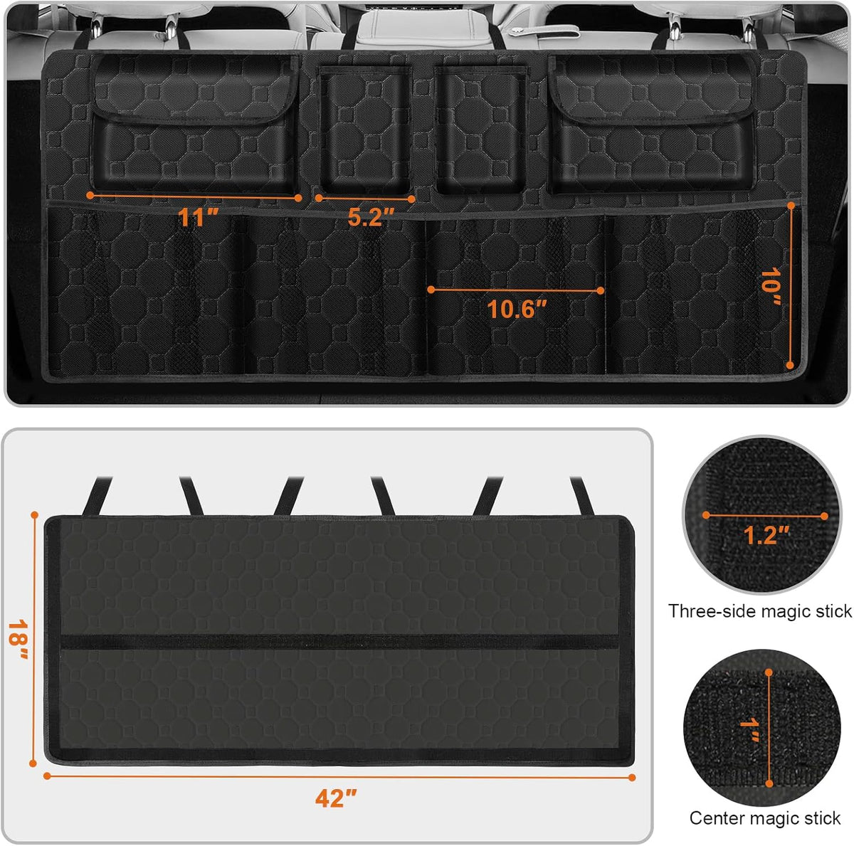 esouler Car Trunk Organizer, Super Capacity Backseat Car Organizer for SUV/Truck/MPV(42"*18"), Hanging Car Storage Organizer with 8 Pocekts, Car Accessories for Women and Men- Black