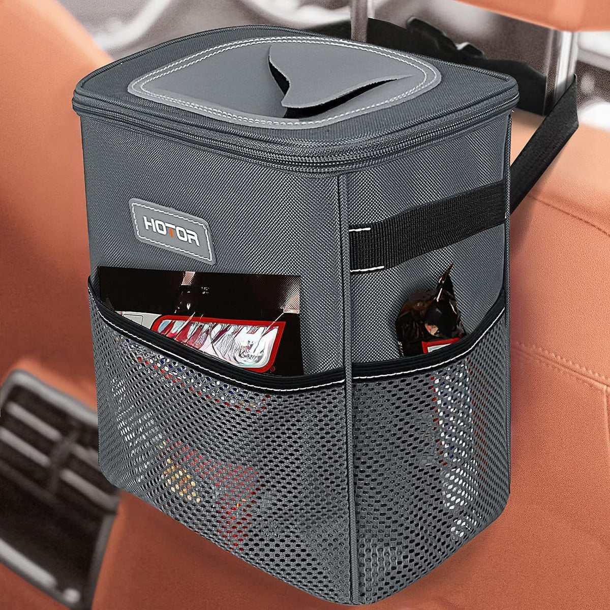 HOTOR Car Trash Can, Multifunctional Car Accessory for Interior Car Stuff Storage with Compact Design, Waterproof Car Organizer and Storage with Adjustable Straps, Magnetic Snaps, 2 Gallons, Gray