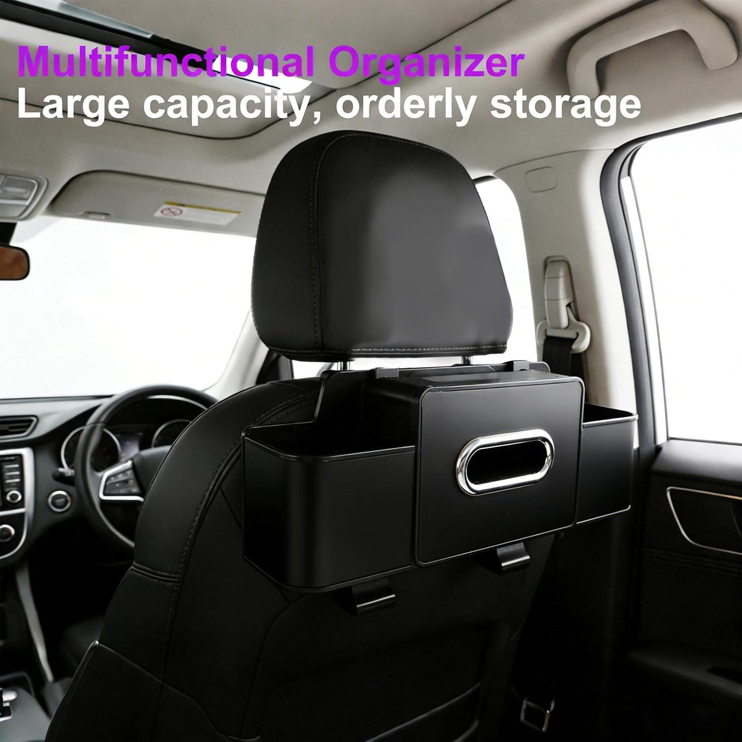 Amooca Back Seat Car Organizer, 4+2 in 1 Multifunctional Car Backseat Storage Box with 2 Cup Holders Tissue Box Hook, Car Interior Storage for Travel Phones Snacks Drinks(Black)